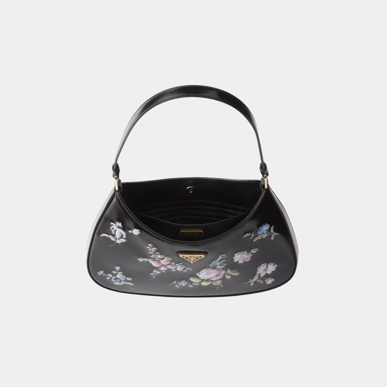 Prada Cleo Printed Brushed Leather Shoulder Bag, Black, Top