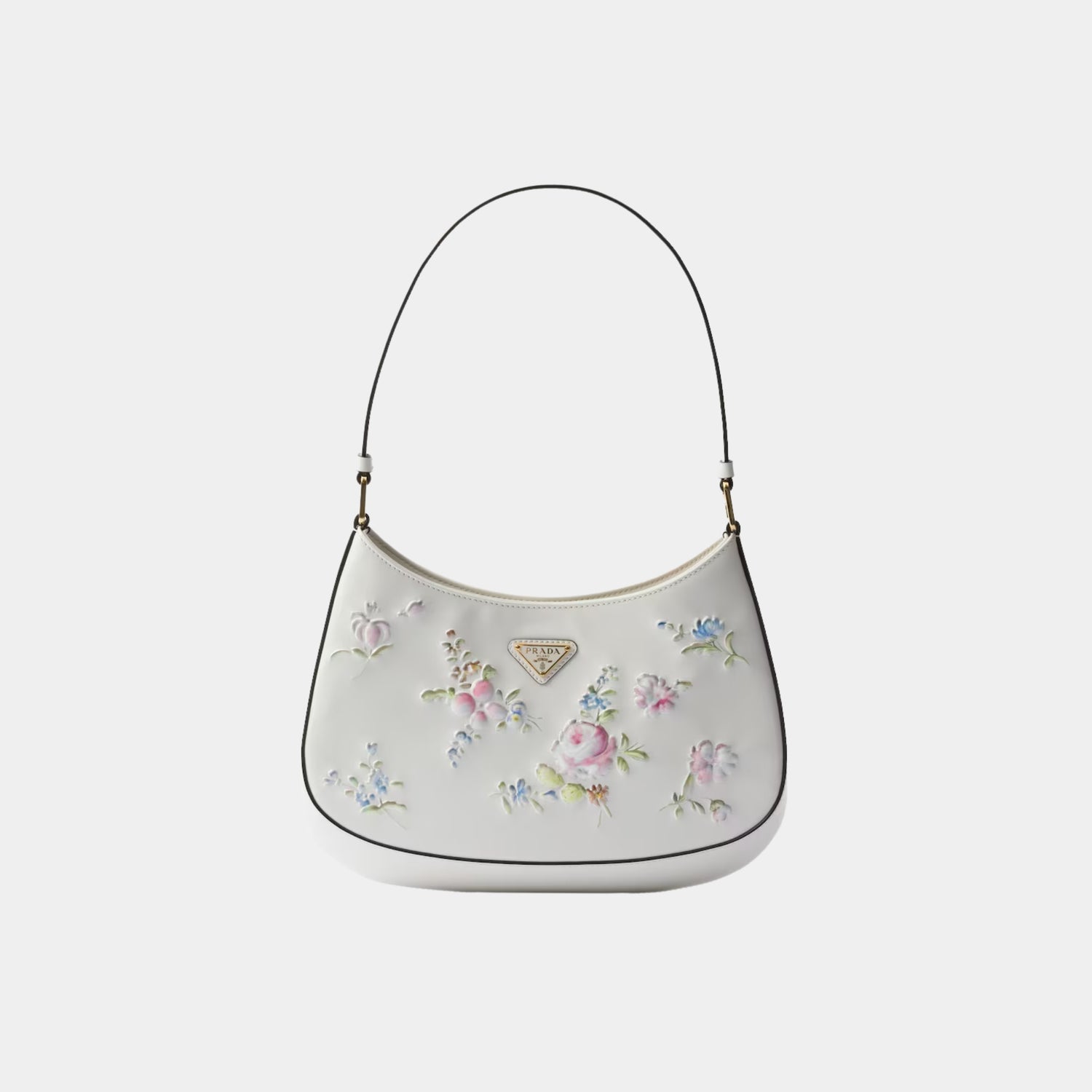 Prada Cleo Printed Brushed Leather Shoulder Bag, White, Front