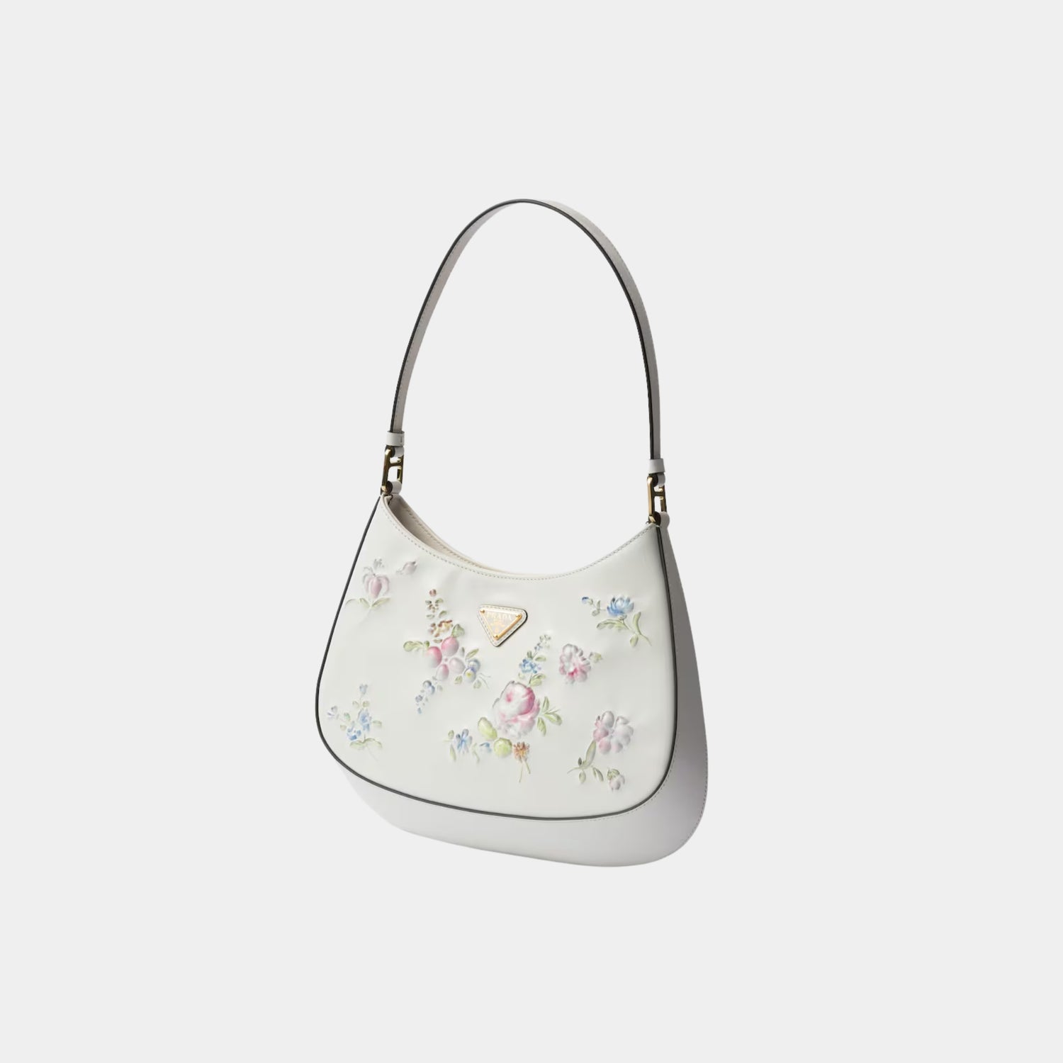 Prada Cleo Printed Brushed Leather Shoulder Bag, White, Side