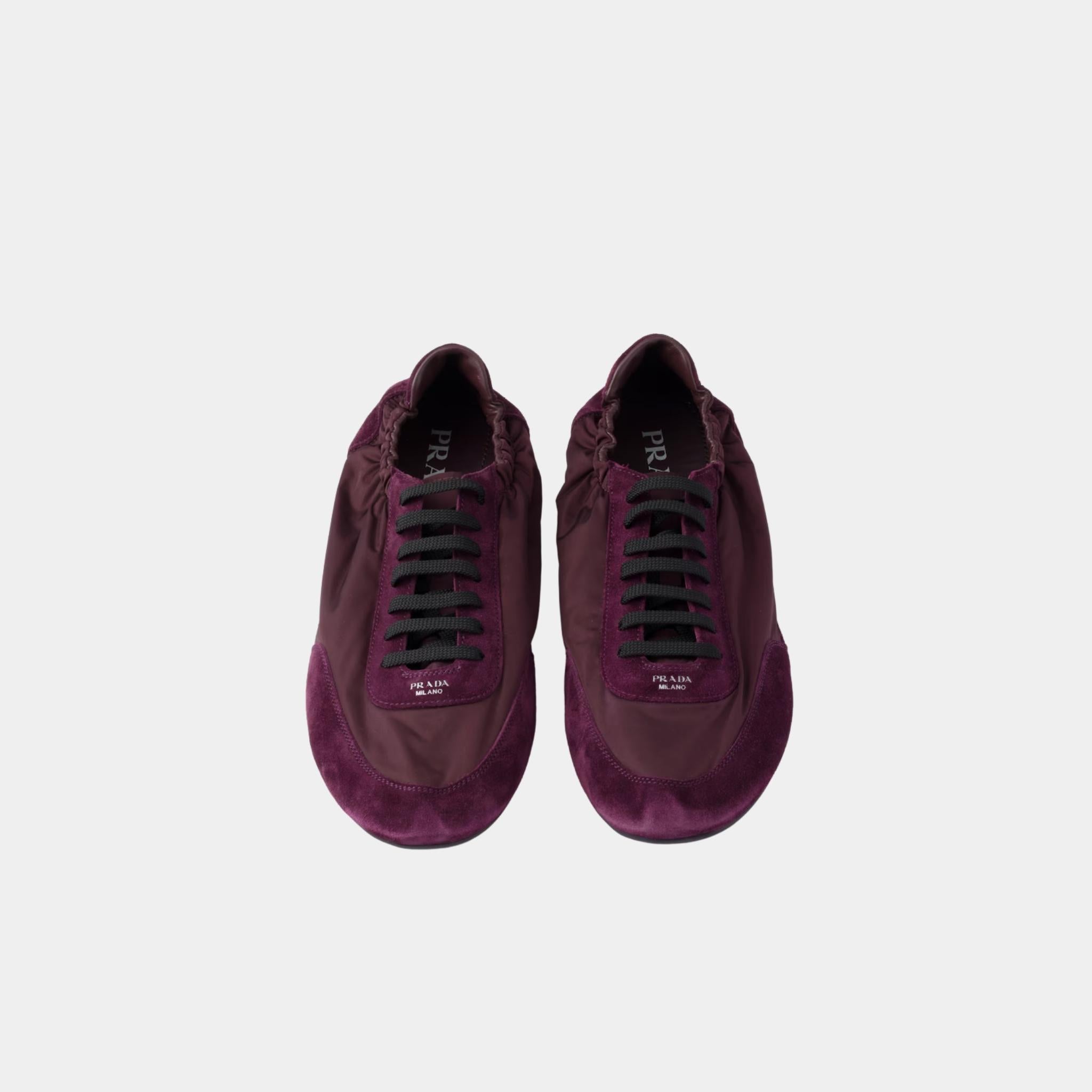 Prada Collapse Re-Nylon And Suede Sneakers, Burgundy, Top