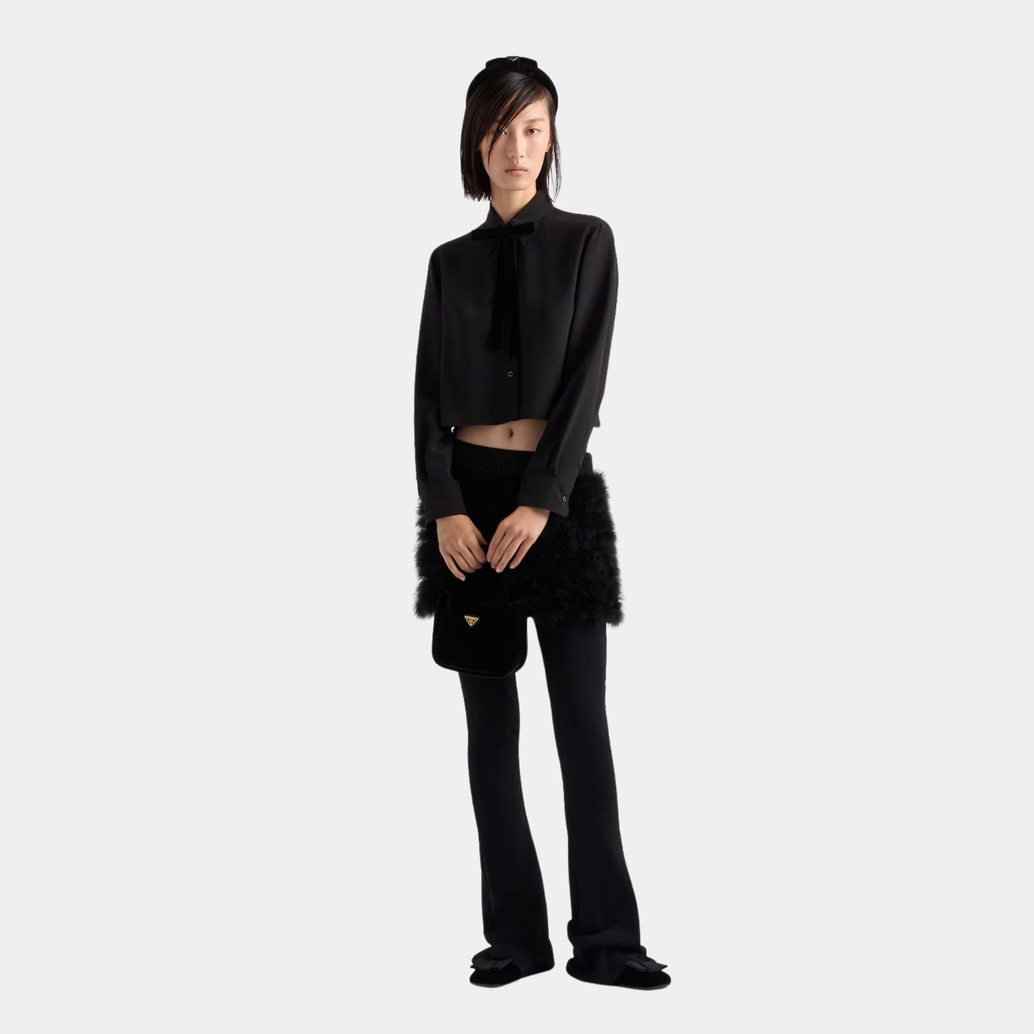 Prada Crepe de Chine Boxy Shirt with Velvet Bow, Model, Front