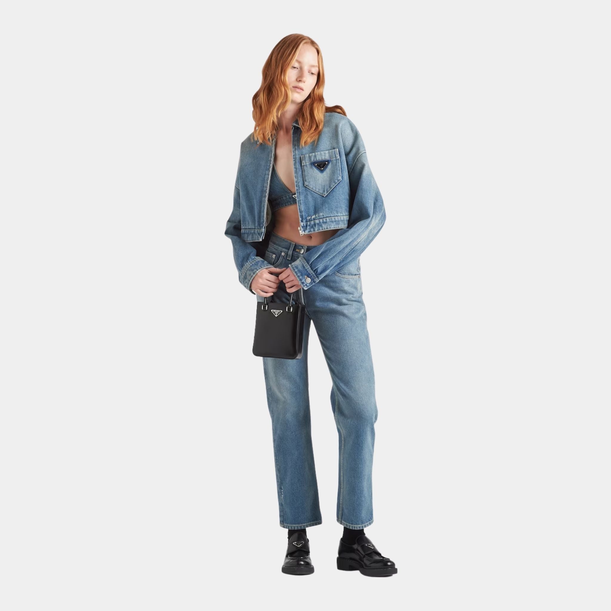 Prada Cropped Organic Denim Jacket, Model, Front