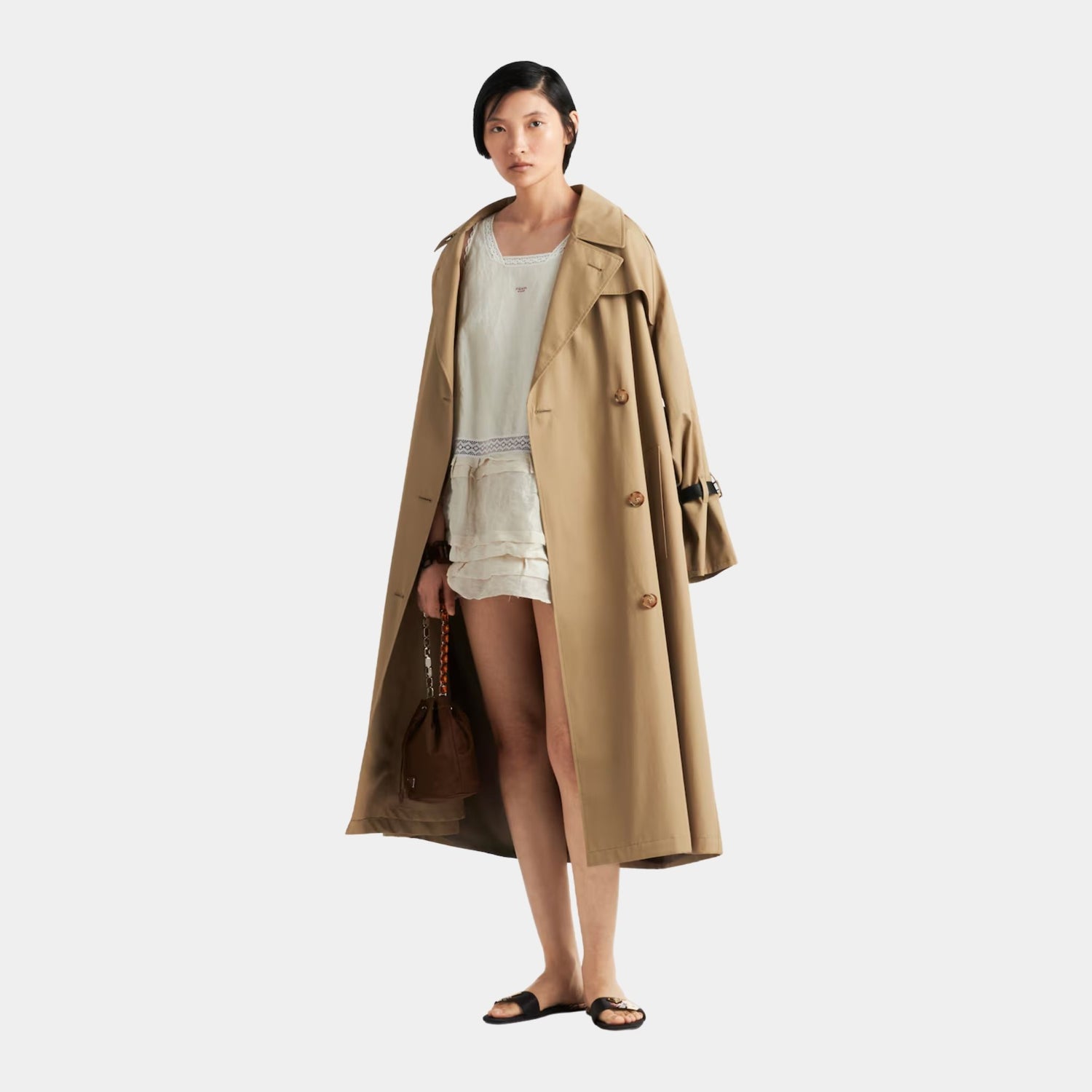 Prada Double-breasted Cord Cotton Twill Trench Coat, Model, Front