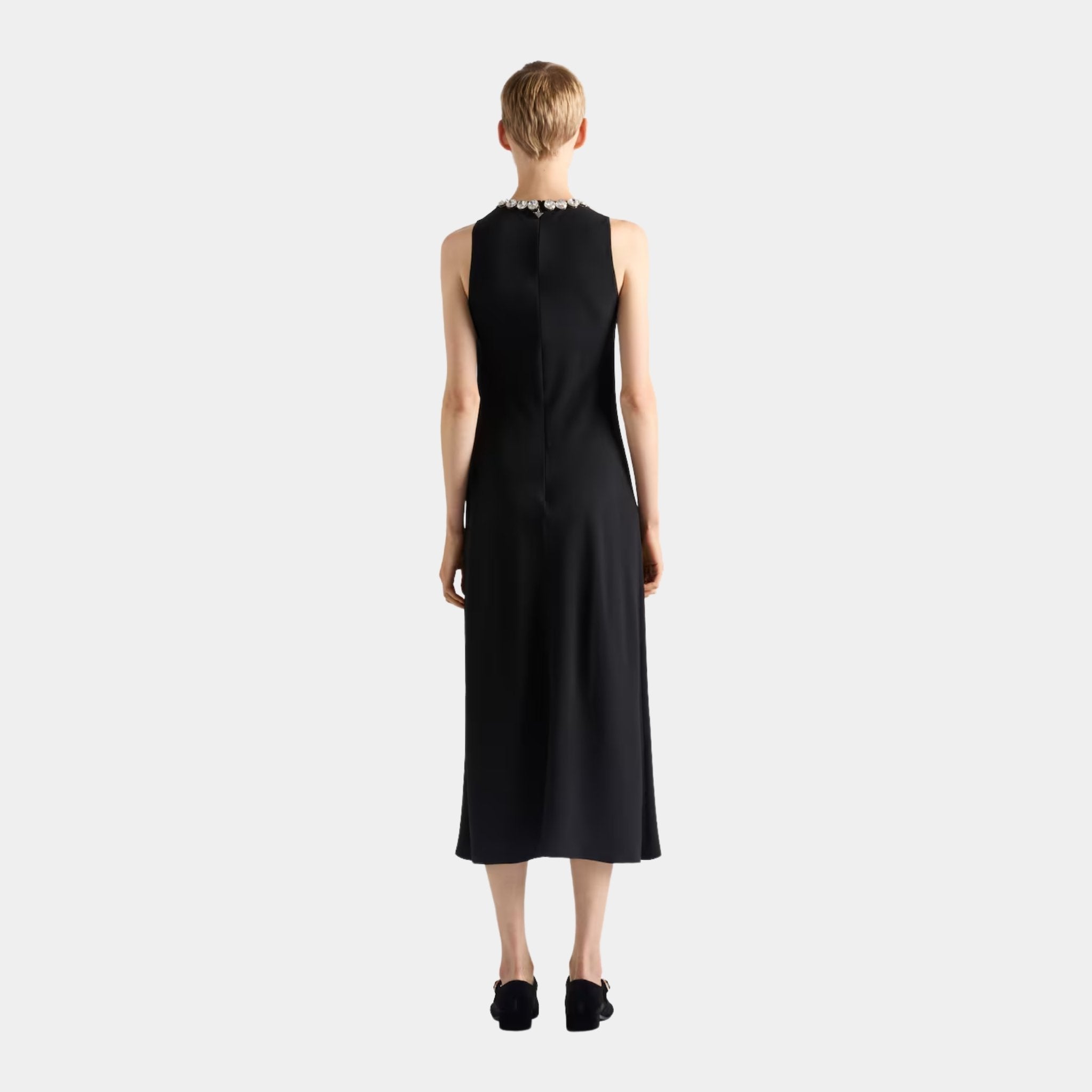 Prada Embroidered Sablé Sheath Dress, Model, Back