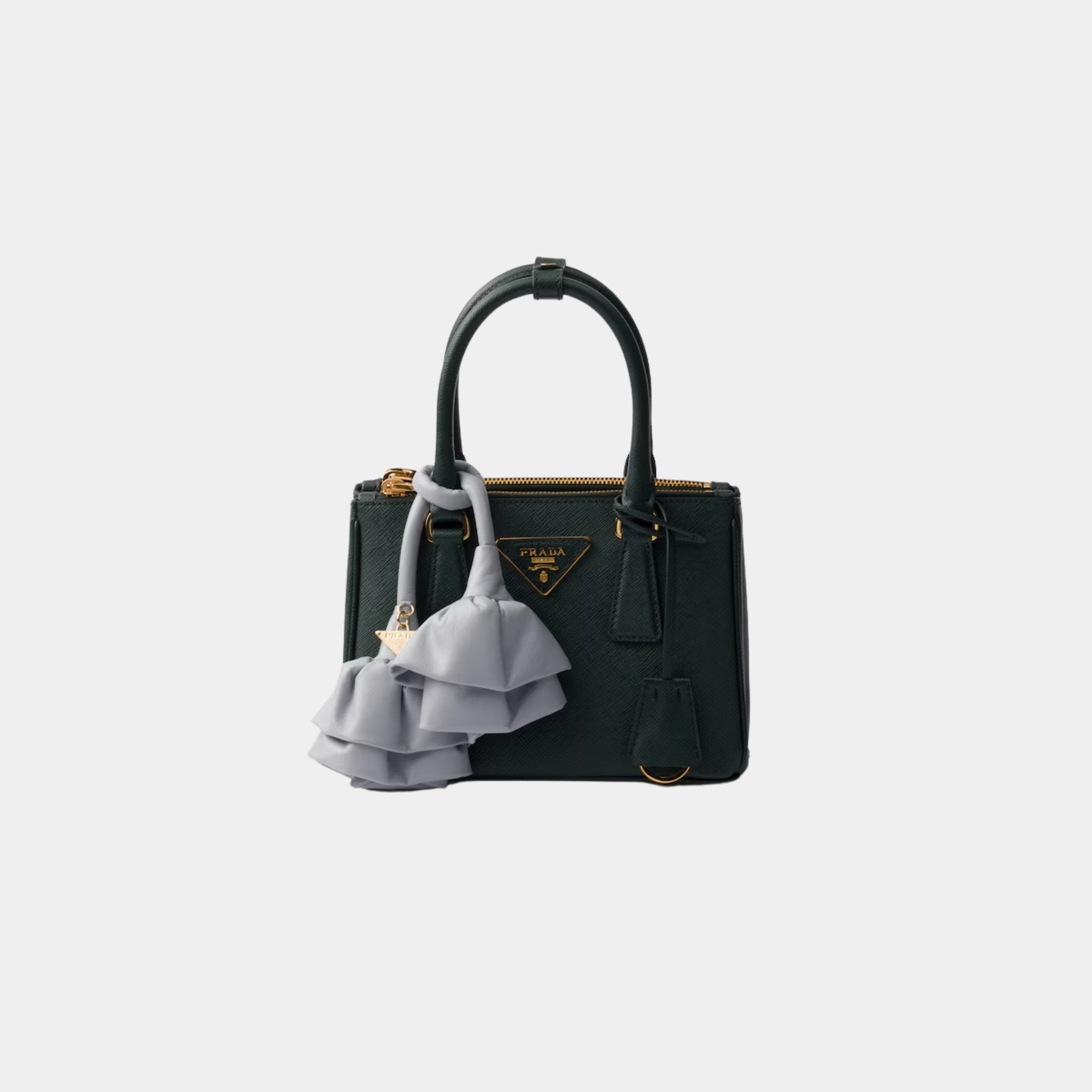 Prada Galleria Saffiano Leather Mini Bag With Nappa Leather Flowers, Emerald, Pearl, Front