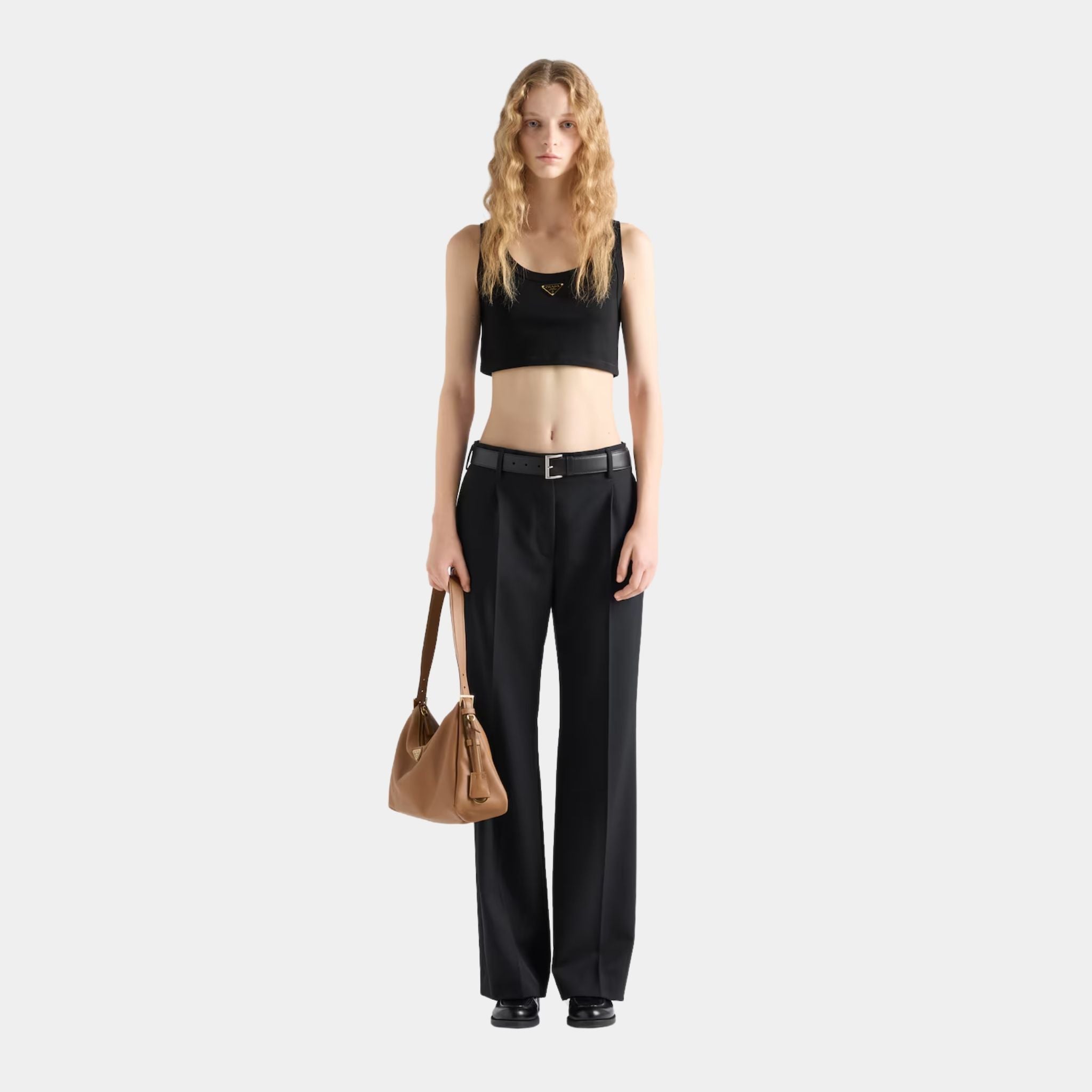 Prada Jersey Cropped Top, Black, Model, Front