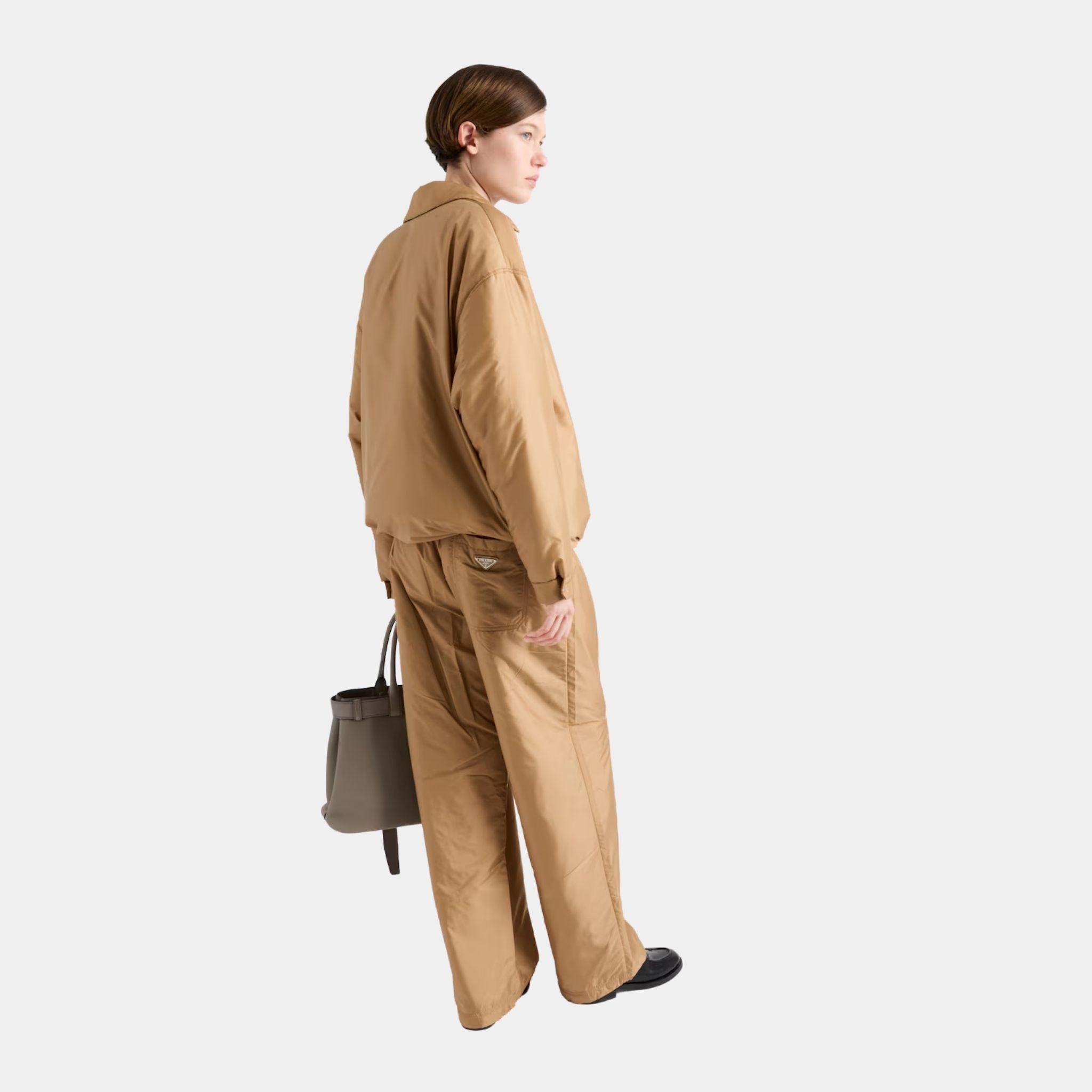 Prada Lightweight Re-Nylon Wide Leg Pants, Camel Brown, Model, Back