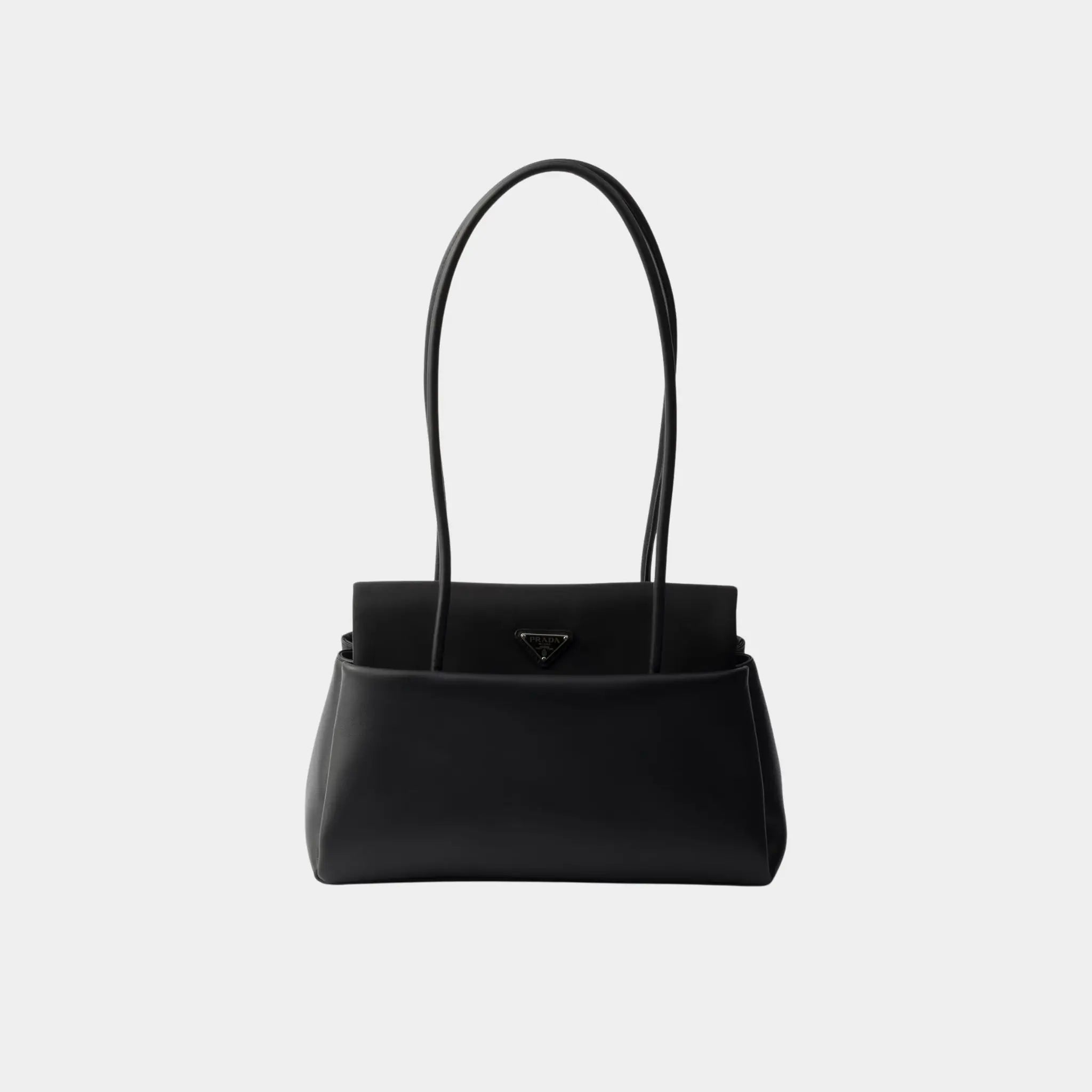 Prada Medium-sized leather bag with Re-Nylon flap, Black , Front 