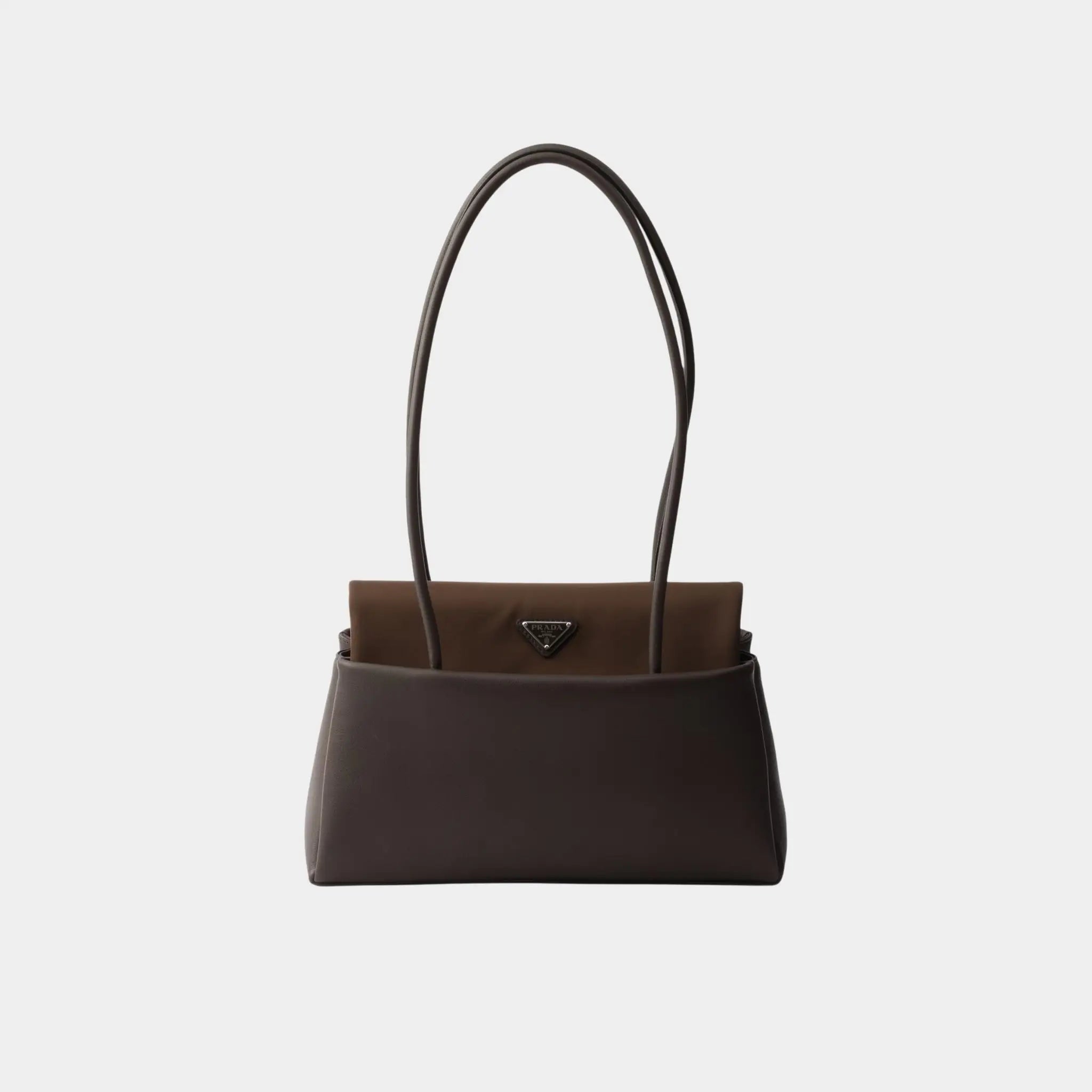 Prada Medium-sized leather bag with Re-Nylon flap, Coffee, Front 