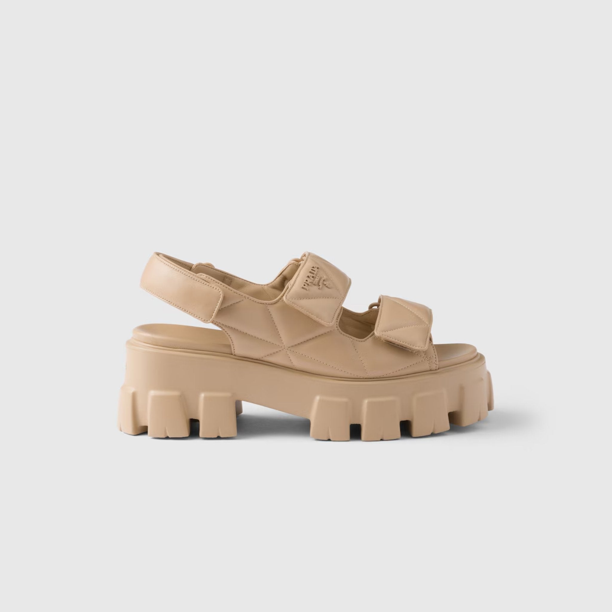 Prada Monolith Nappa Lambskin Leather Sandals, Sand Beige, Side