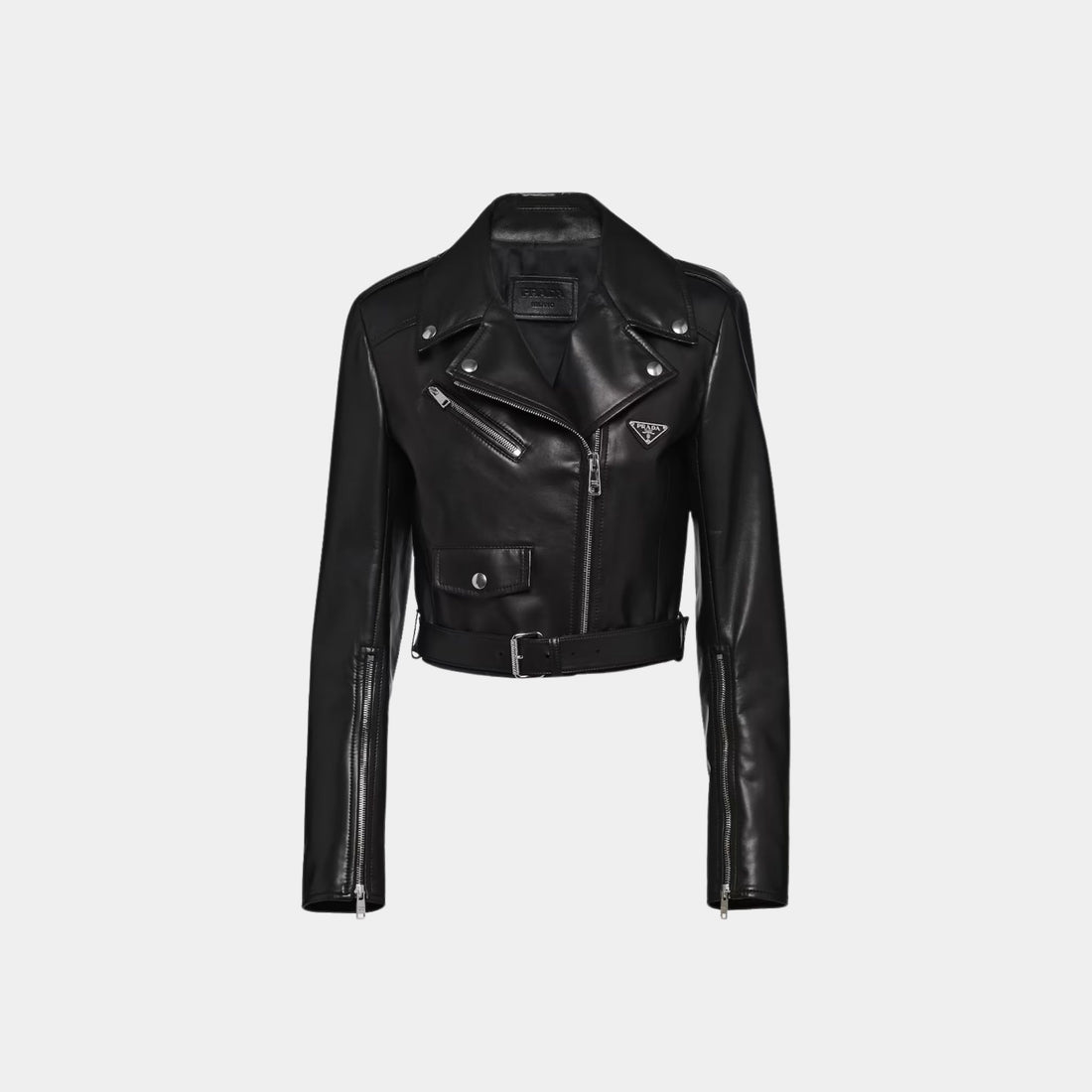 Prada Nappa Black Leather Biker Cropped Jacket, Front