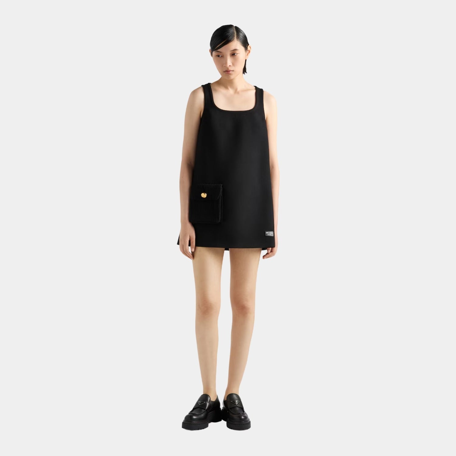 Prada Natté Straight Minidress, Black, Model, Front