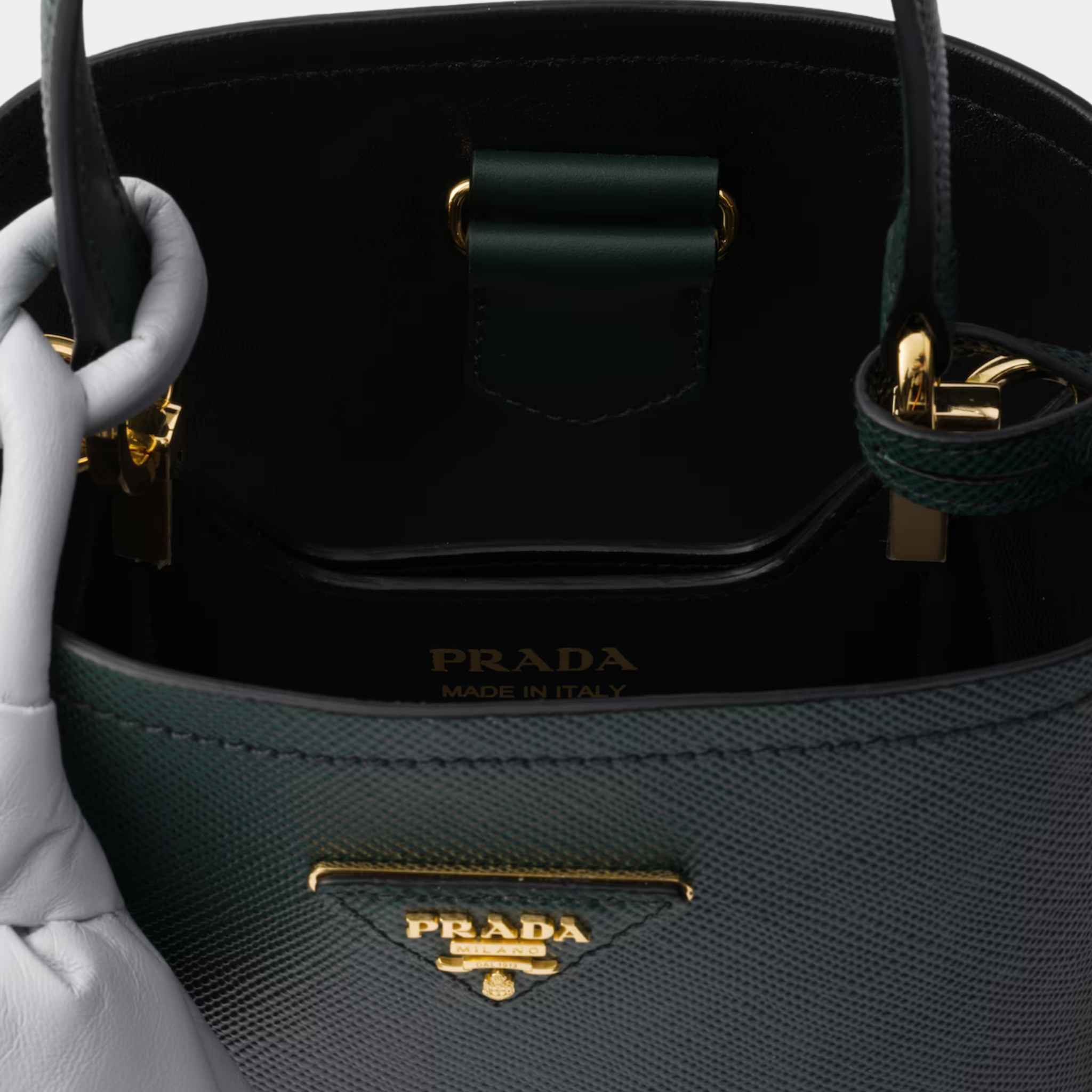 Prada Panier Saffiano Leather Mini Bag With Nappa Leather Flowers, Emerald, Pearl, Open