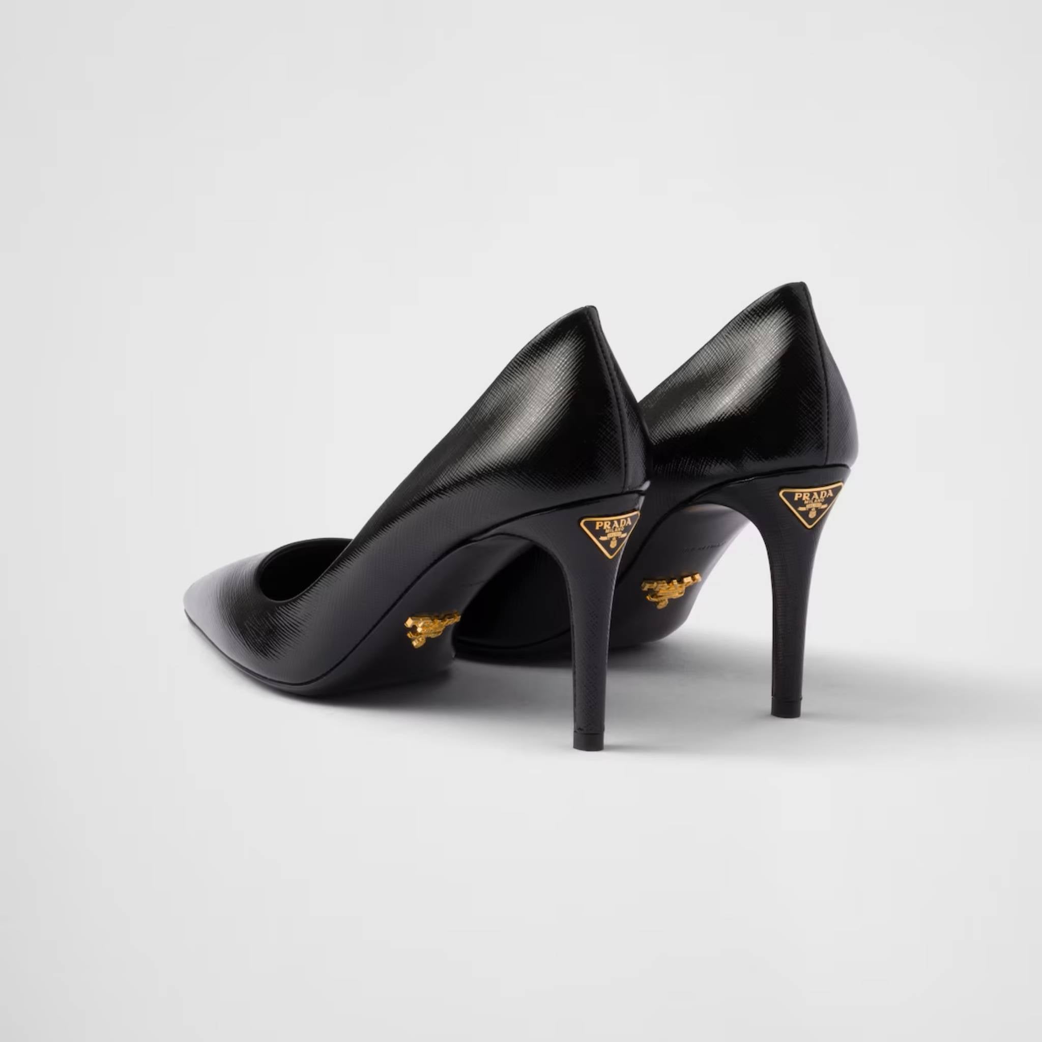 Prada Patent Saffiano Leather Pumps, Black, Back