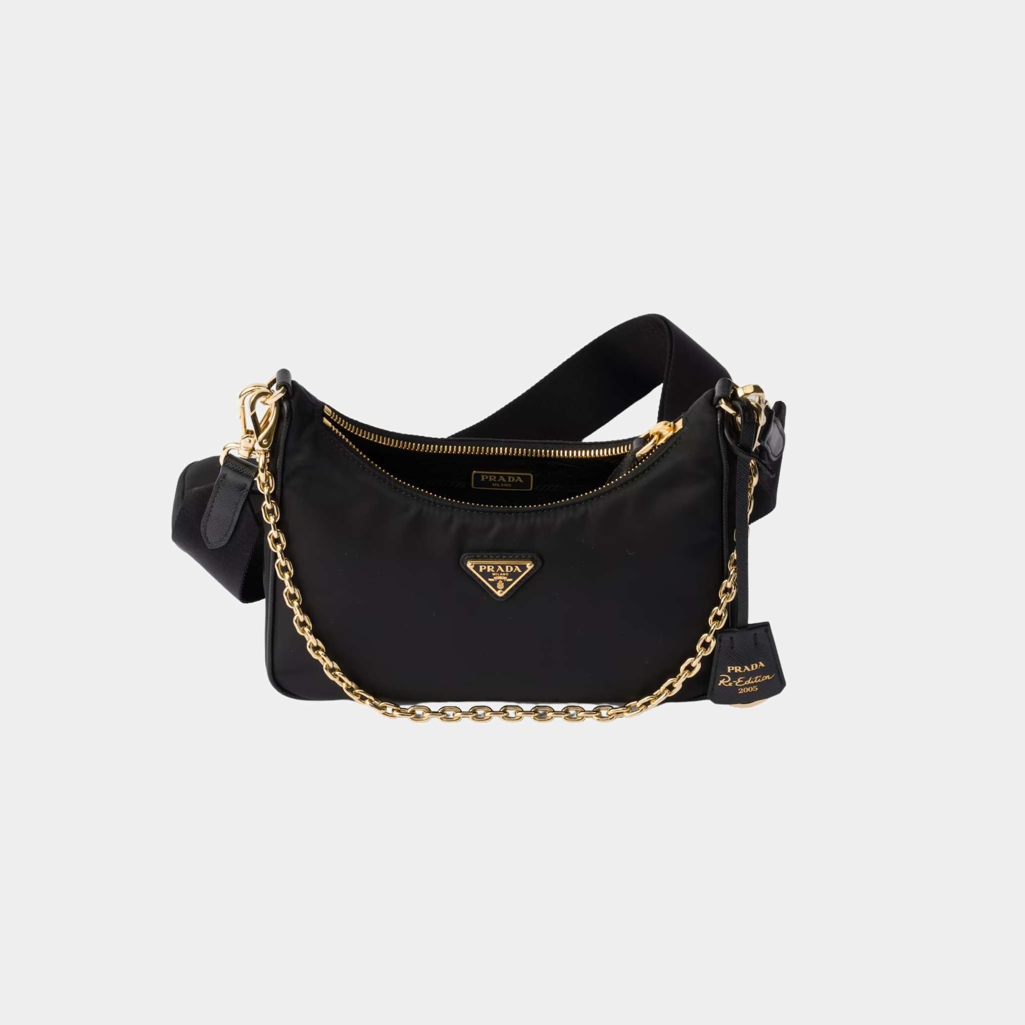 Prada Re-Edition 2005 Re-Nylon Bag, Black, Gold, Open