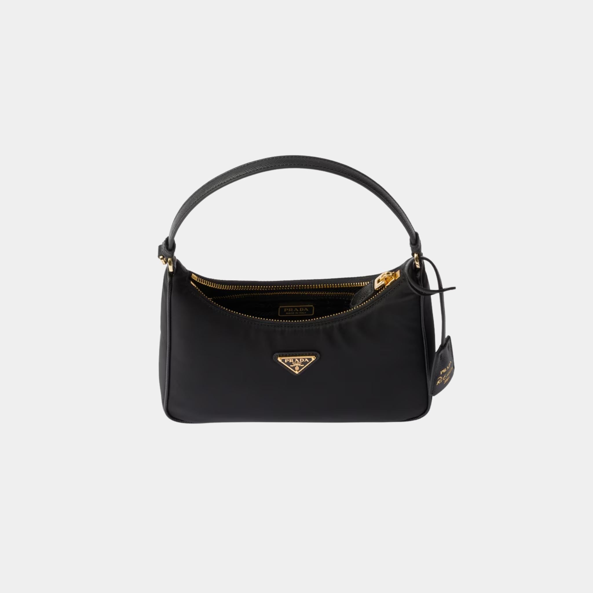 Prada Re-Edition 2005 Re-Nylon and Saffiano Mini Bag With Extra Ring, Black, Gold, Open