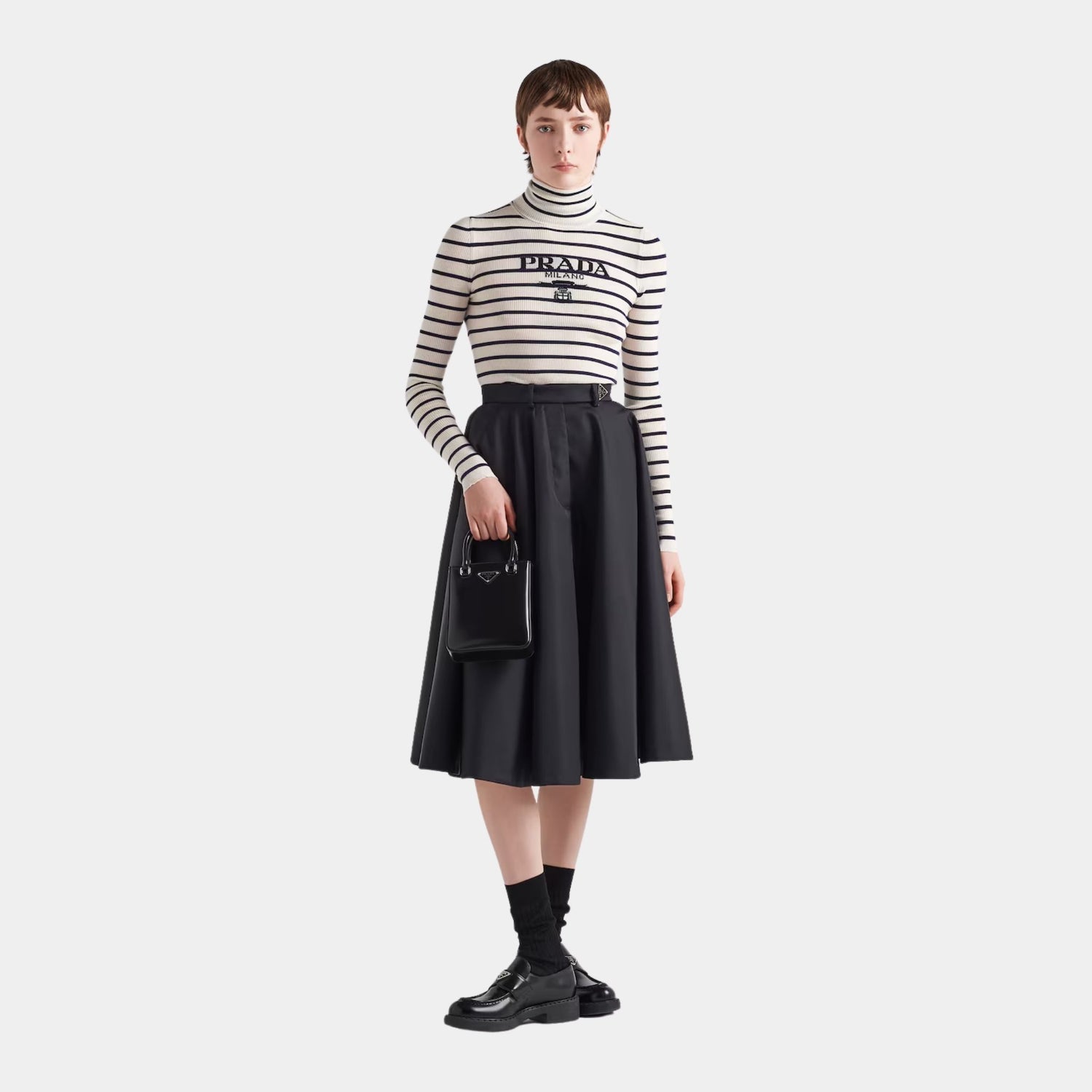 Prada Re-Nylon Black Lined Pleated Skirt, Model, Front