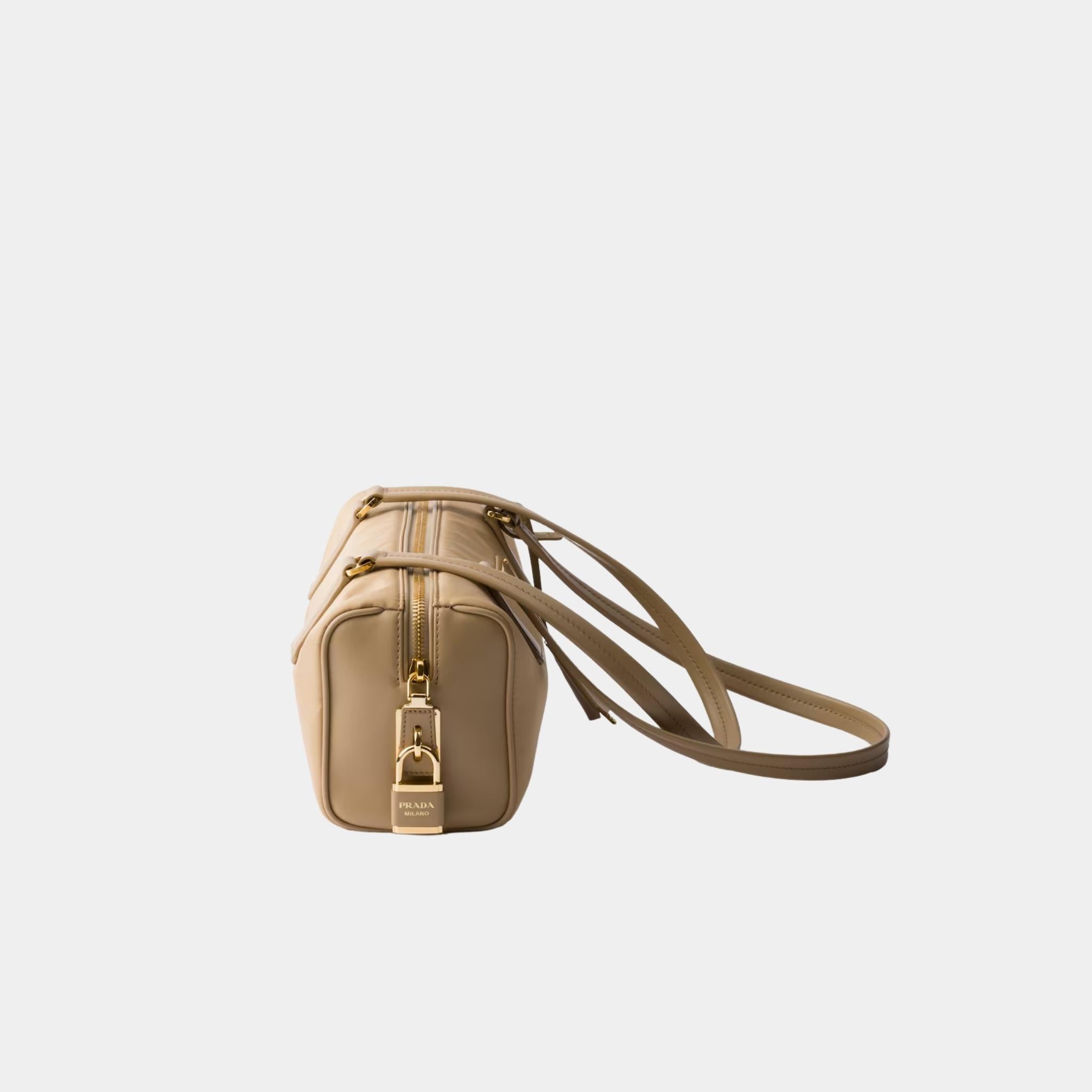 Prada Re-Nylon And Leather Medium Top Handle Bag With Padlock, Camel, Side