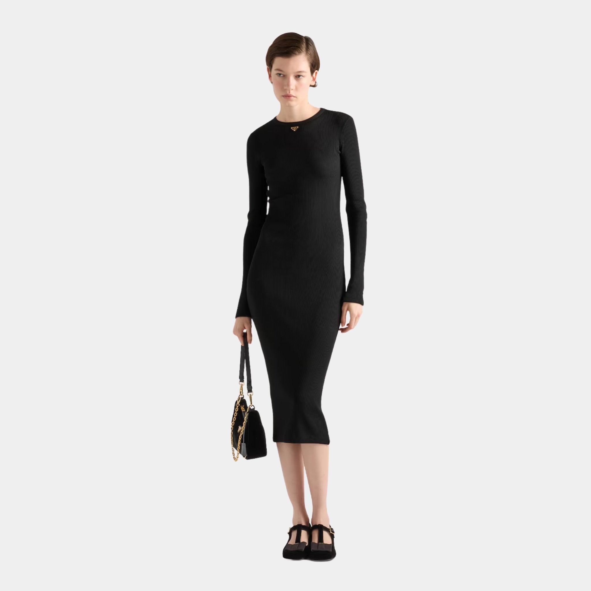 Prada Ribbed Knit Jersey Long Sleeved Dress, Model, Front