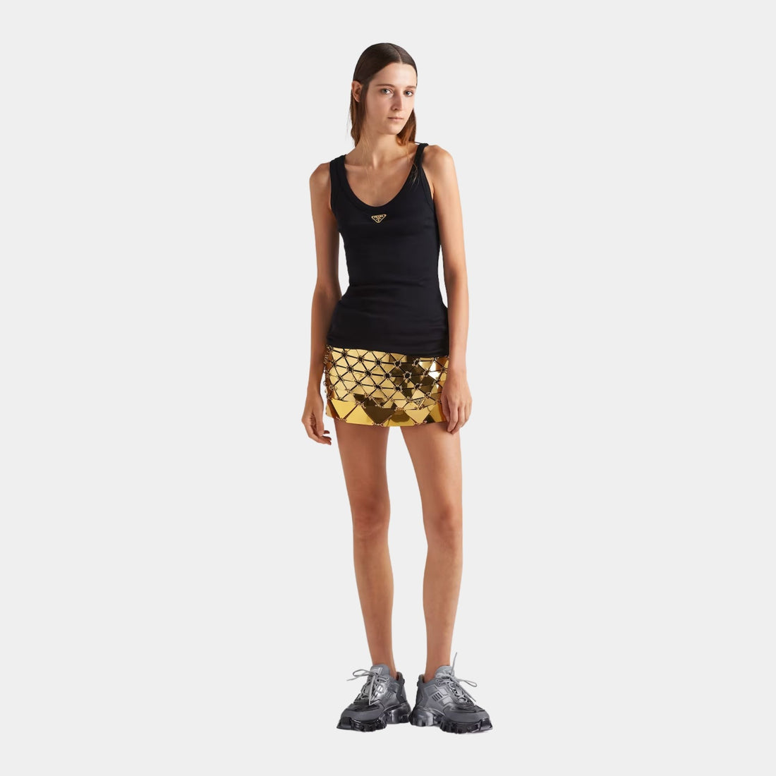 Prada Ribbed Knit Jersey Tank Top, Black, Model, Front