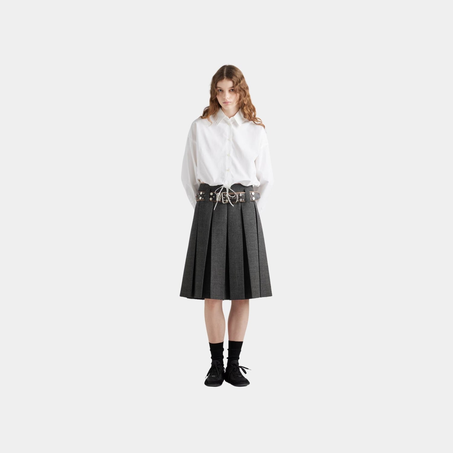 Prada Rush Stitch Skirt With Studded Leather Belt, Model