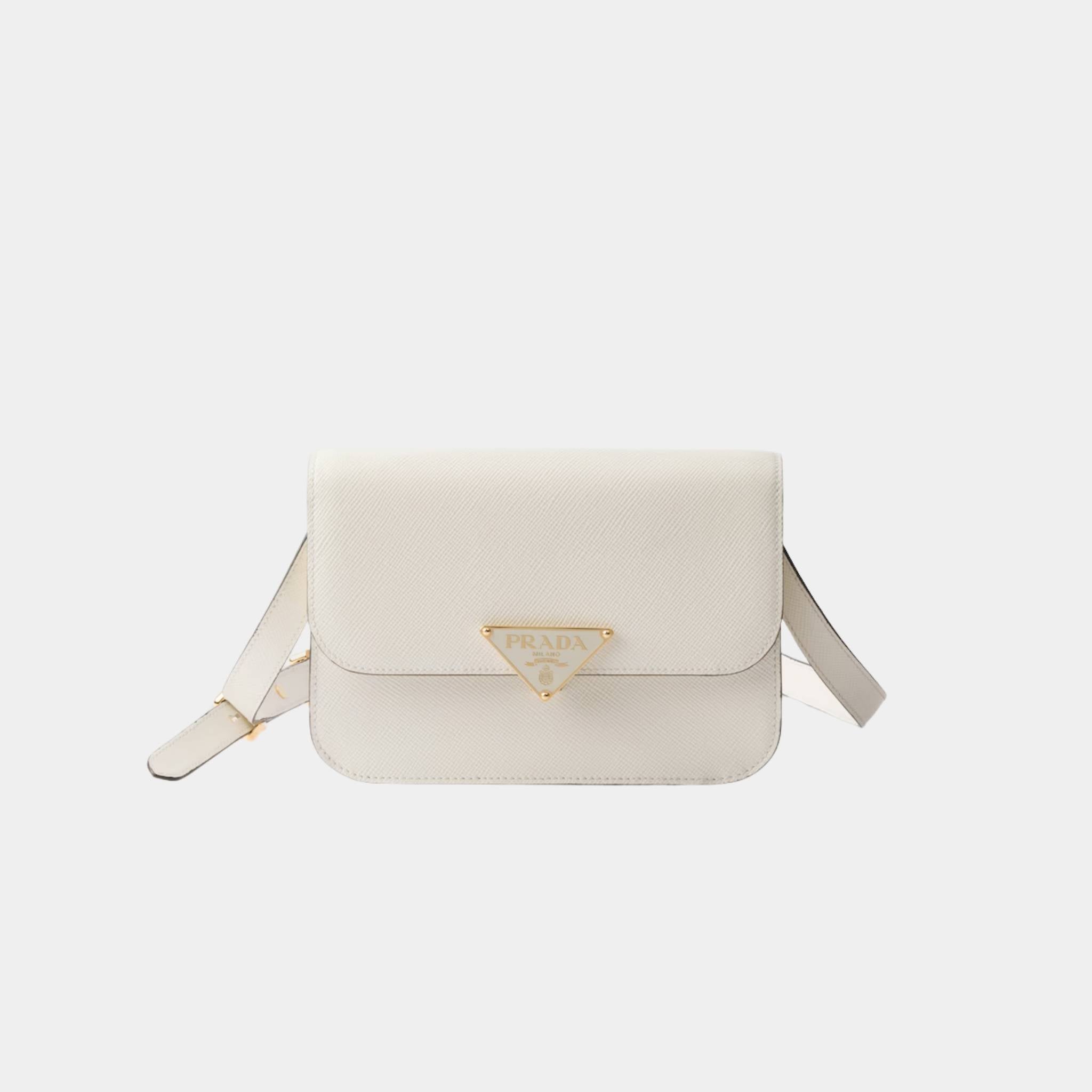 Prada Saffiano Leather Flap Shoulder Bag, White, Front