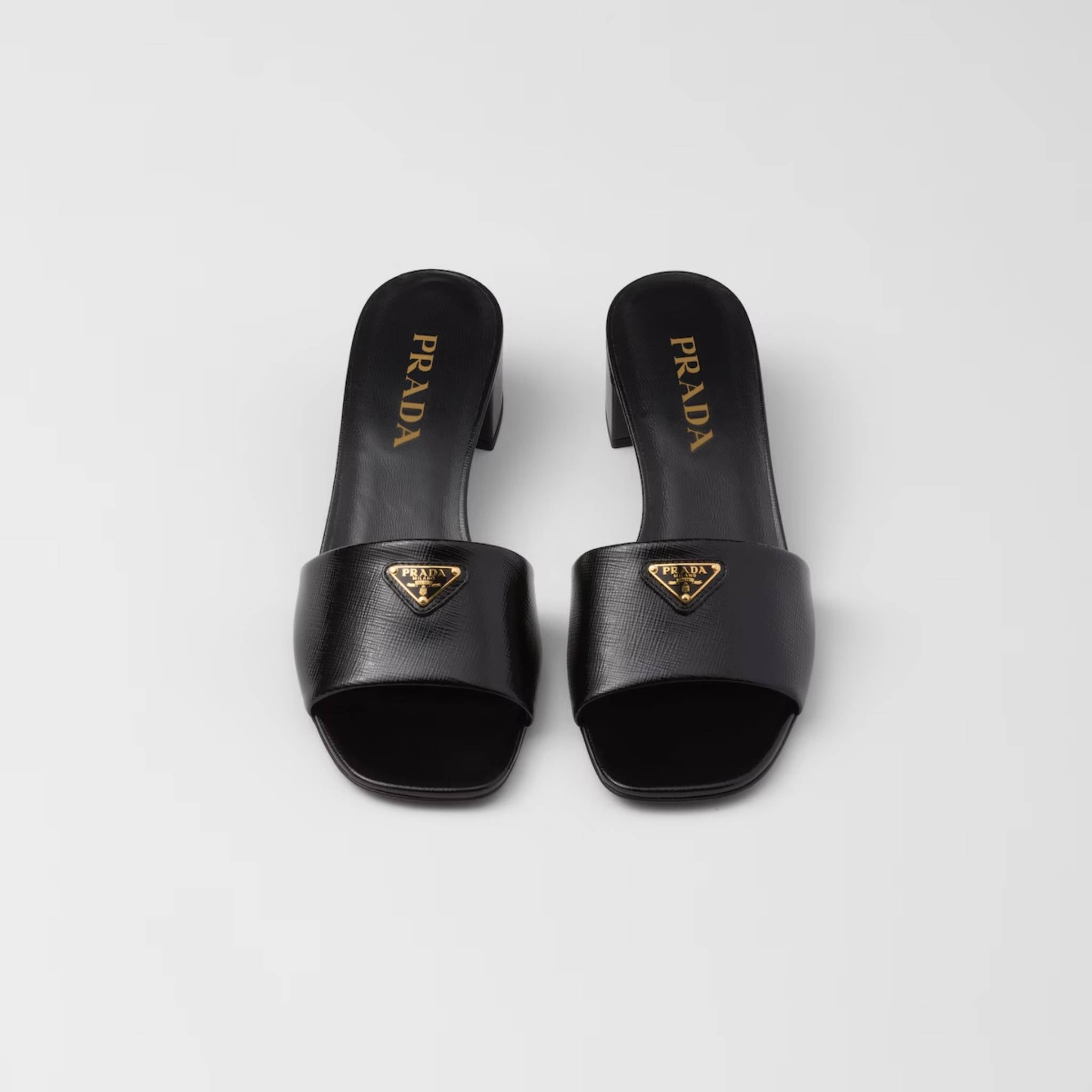 Prada Saffiano Patent Leather Sandals, Black, Front