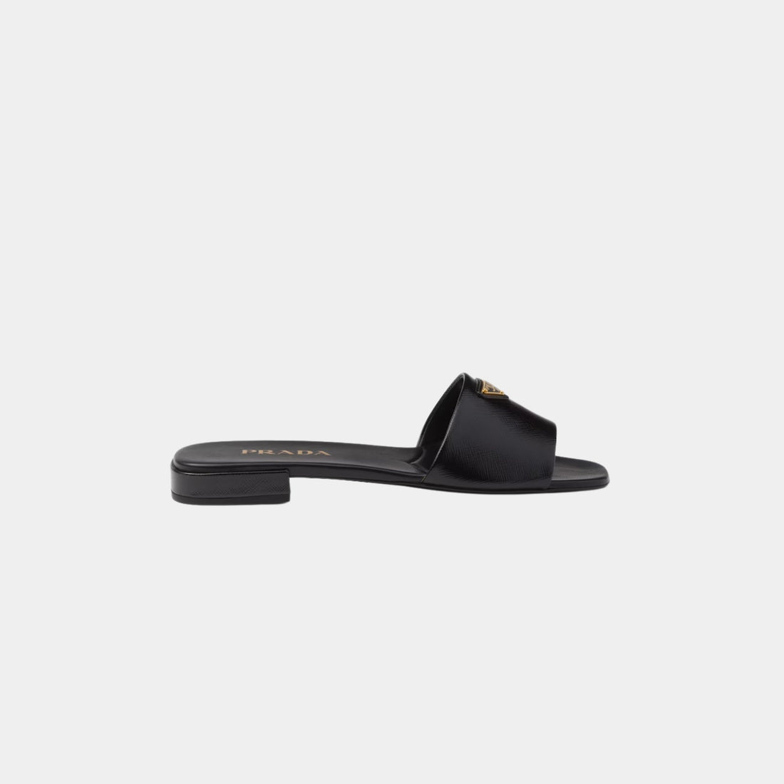 Prada Saffiano Patent Leather Slides, Black, Side