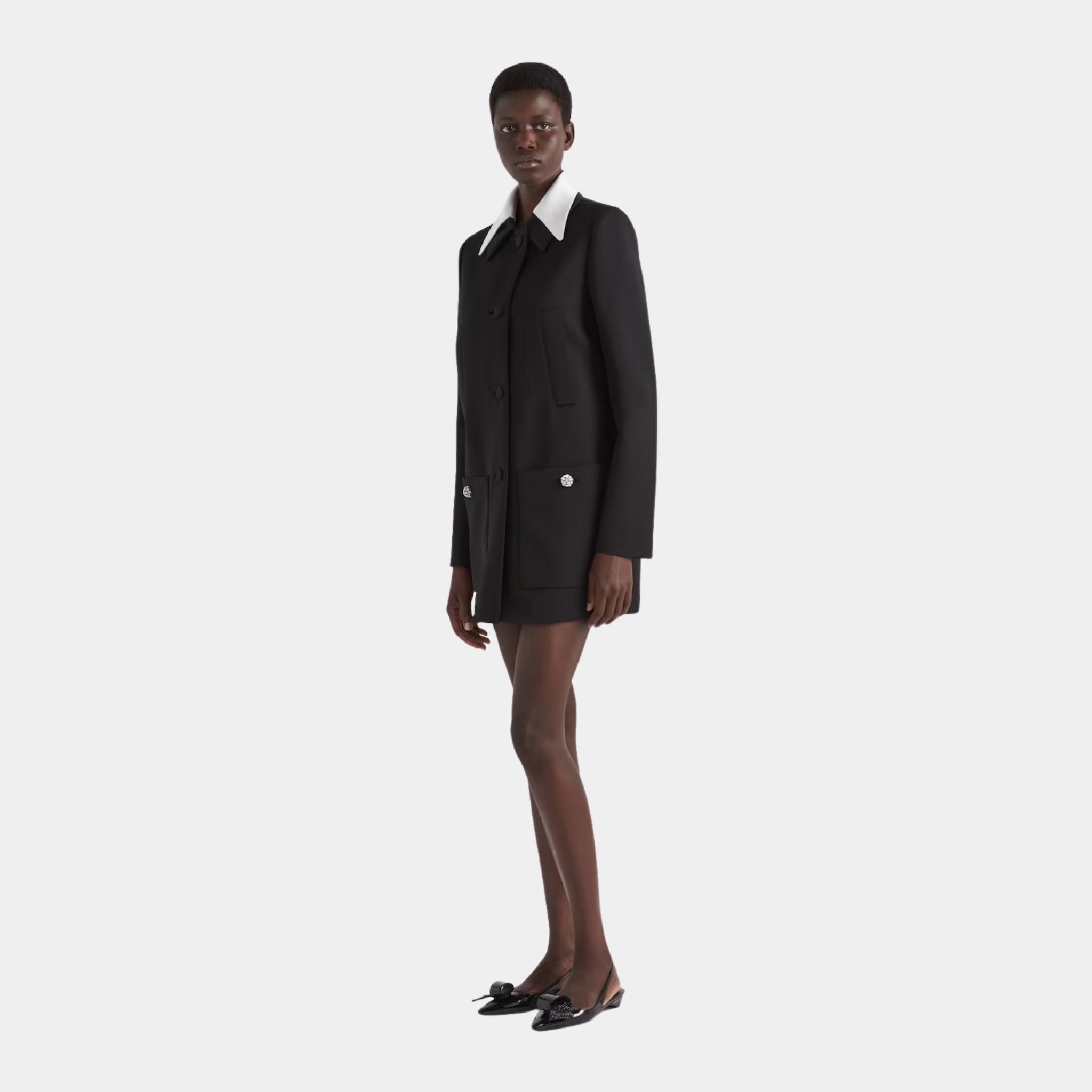 Prada Singled-breasted Wool Sateen Coat with Collar, Model,  Front