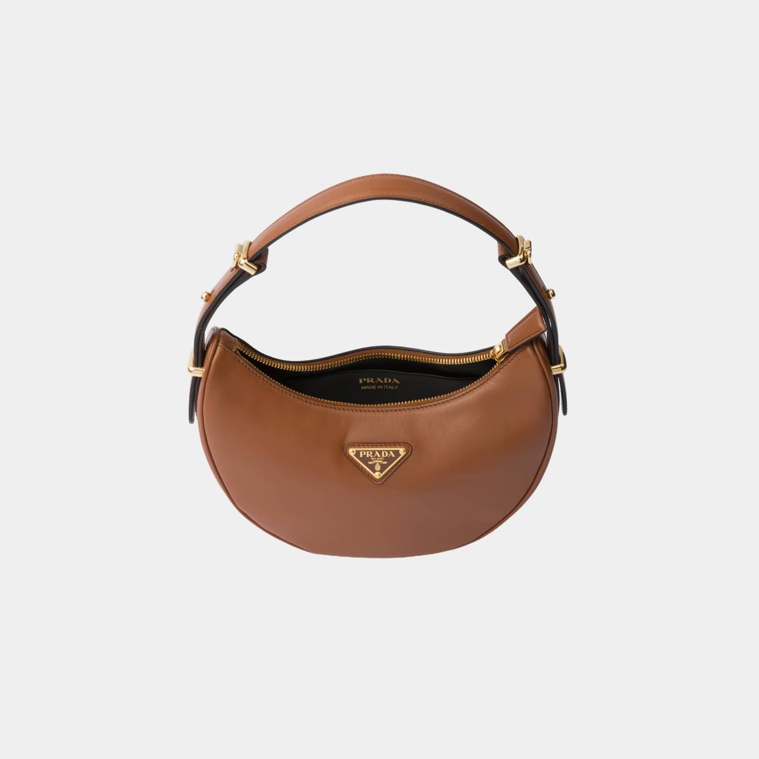 Prada Small Arque Leather Shoulder Bag, Cognac, Open