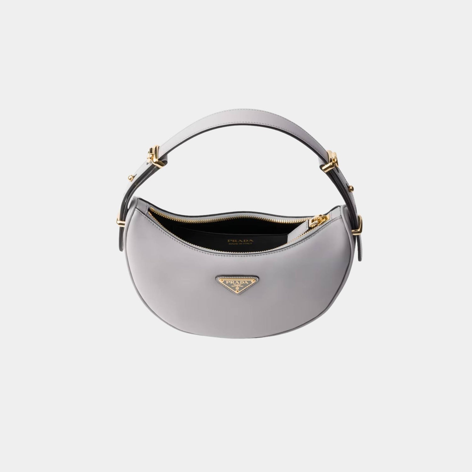 Prada Small Arque Leather Shoulder Bag, Granite Gray, Open