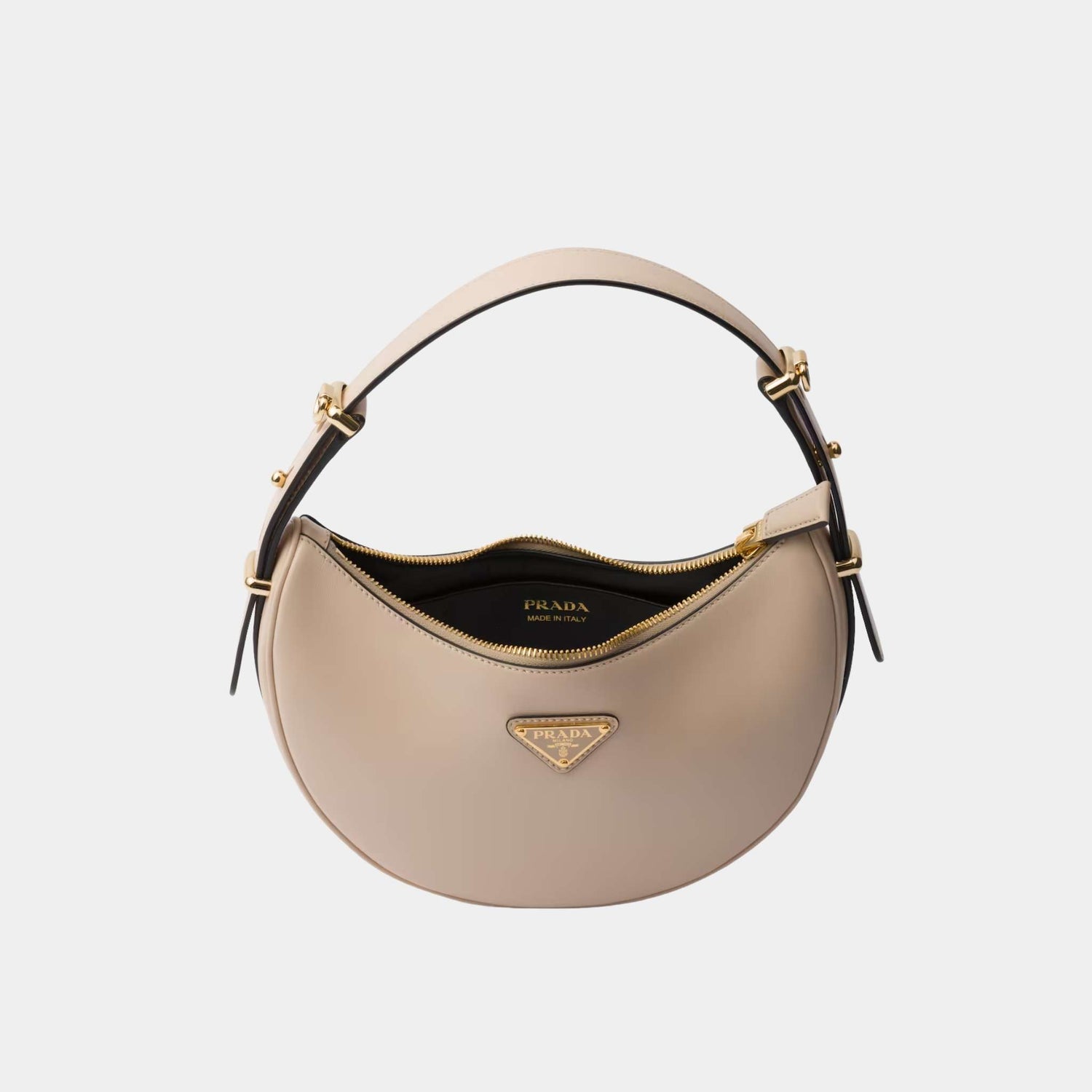 Prada Small Arque Leather Shoulder Bag, Travertine, Open