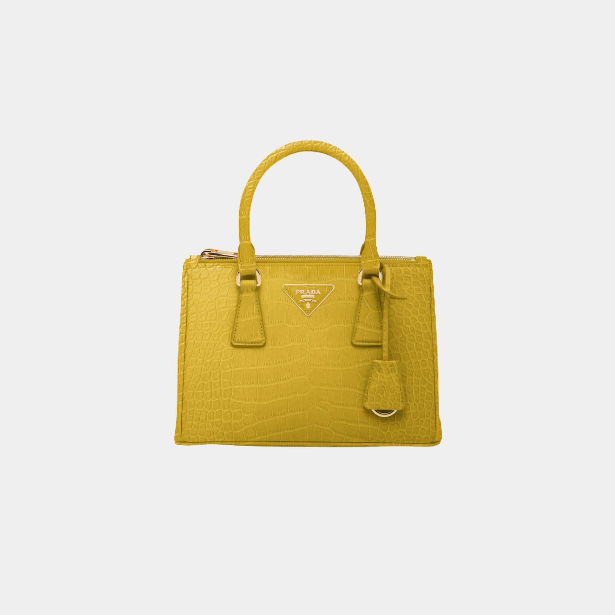 Prada Small Galleria Crocodile Leather Bag, Sunny Yellow, Front