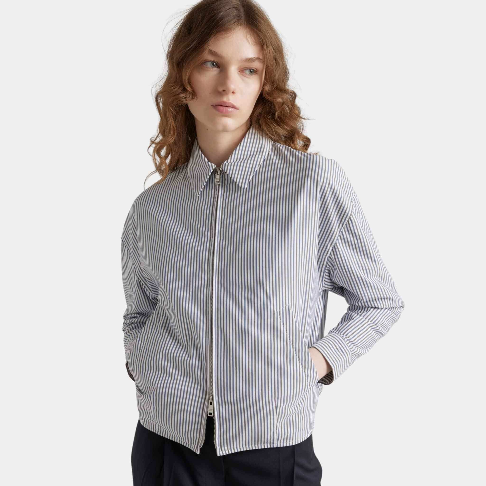 Prada Striped Poplin Blouson Jacket, Model, Closeup