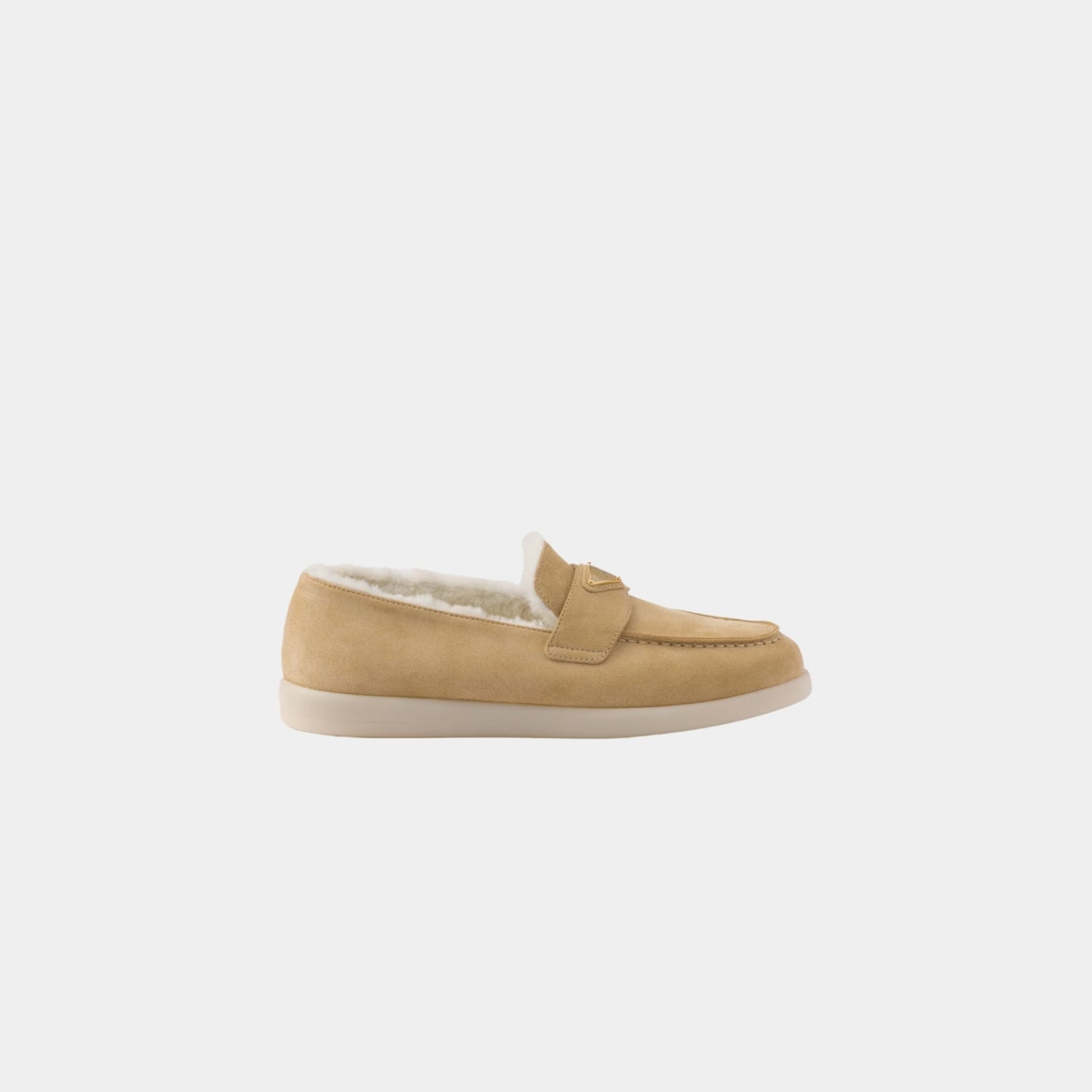 Prada Suede And Shearling Loafers, Ecru, Side