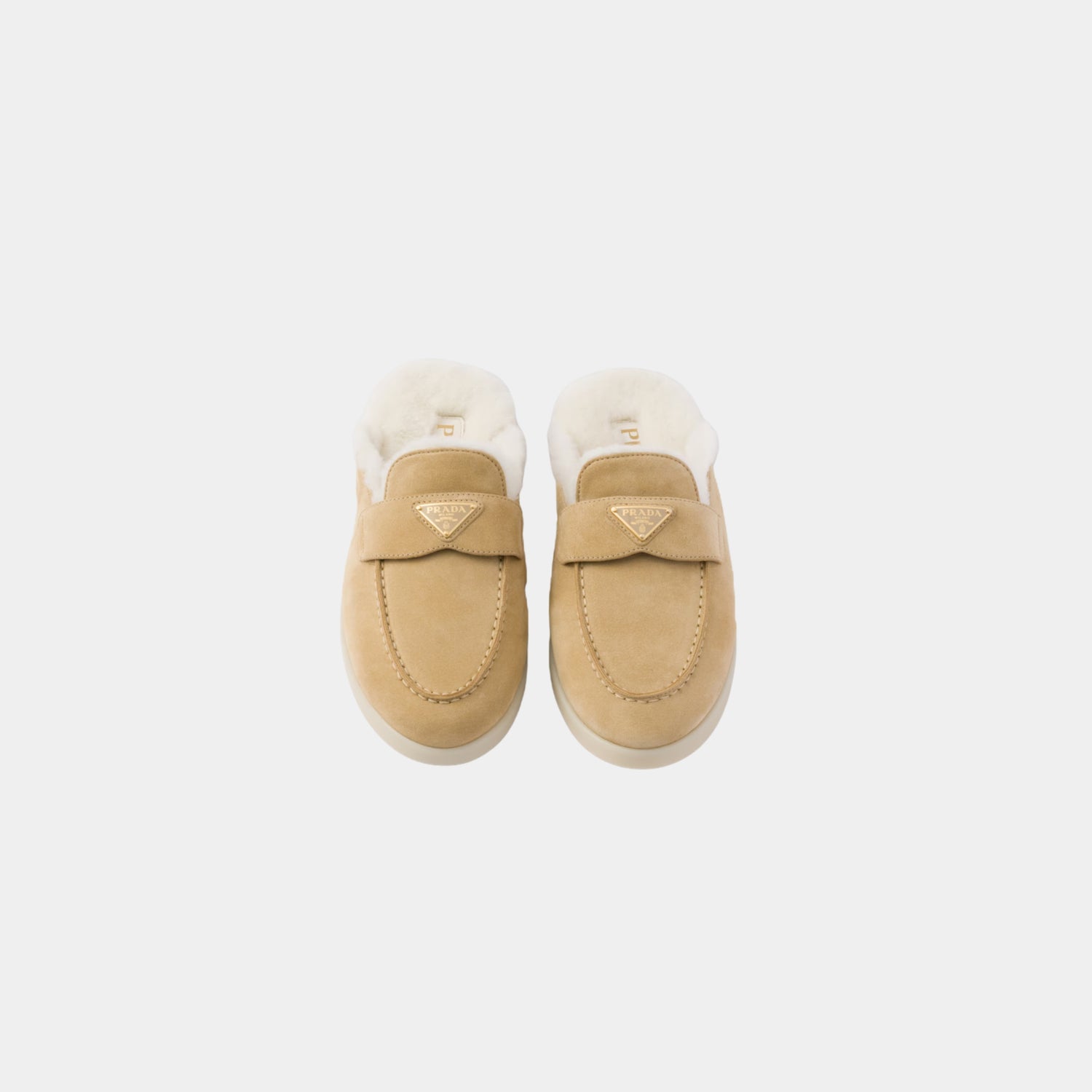 Suede And Shearling Slippers, Ecru, Top