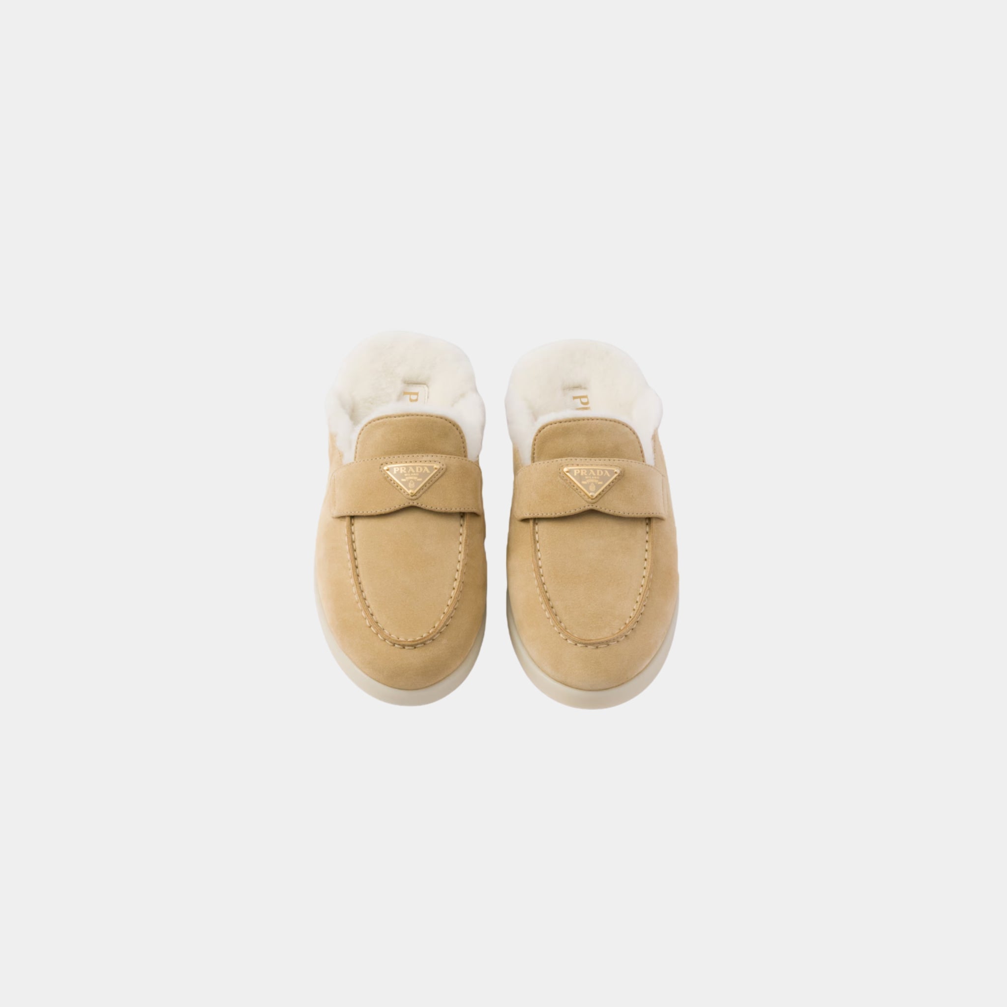 Suede And Shearling Slippers, Ecru, Top