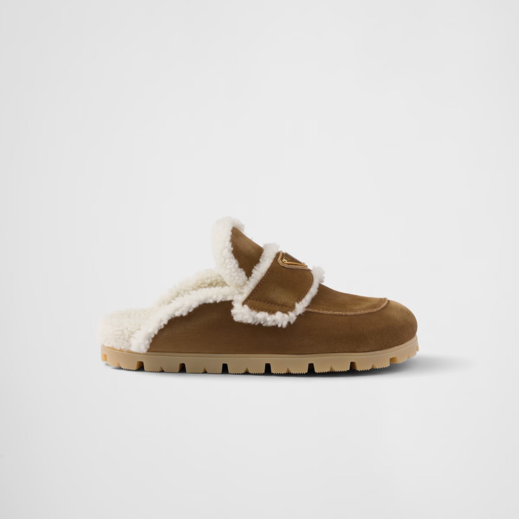 Prada Suede And Shearling Slippers With Lug Tread, Cinnamon, Side