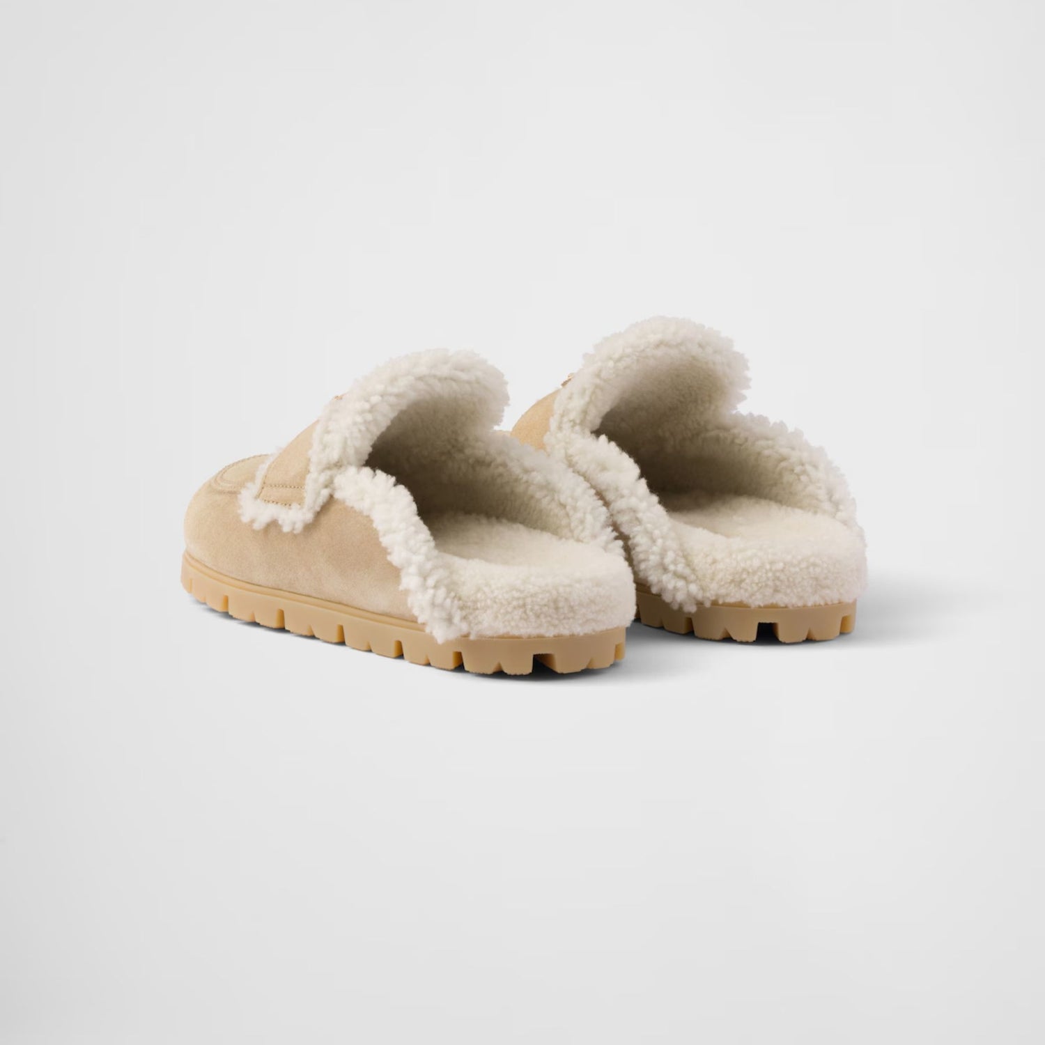 Prada Suede And Shearling Slippers With Lug Tread, Ecru, Back