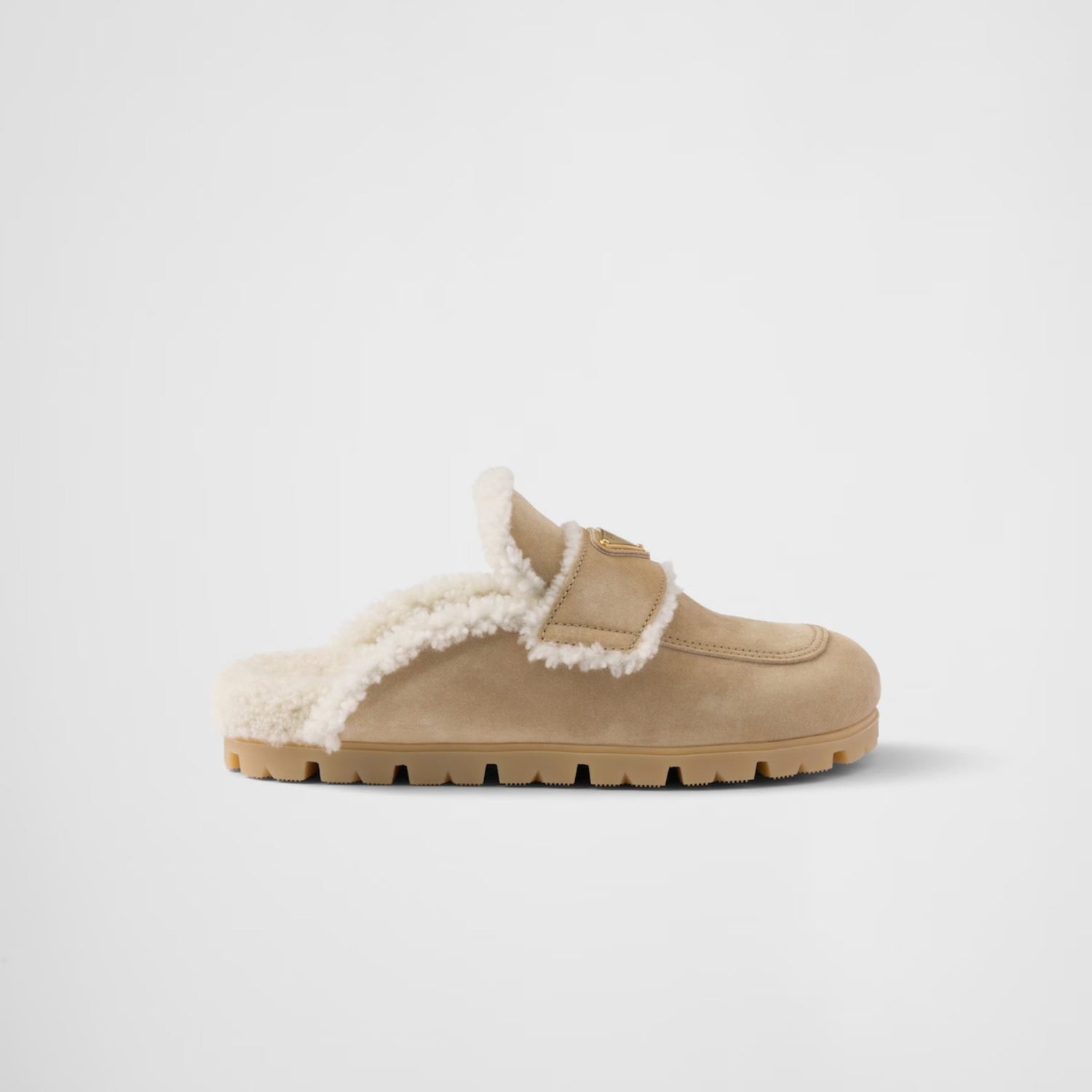 Prada Suede And Shearling Slippers With Lug Tread, Ecru, Side