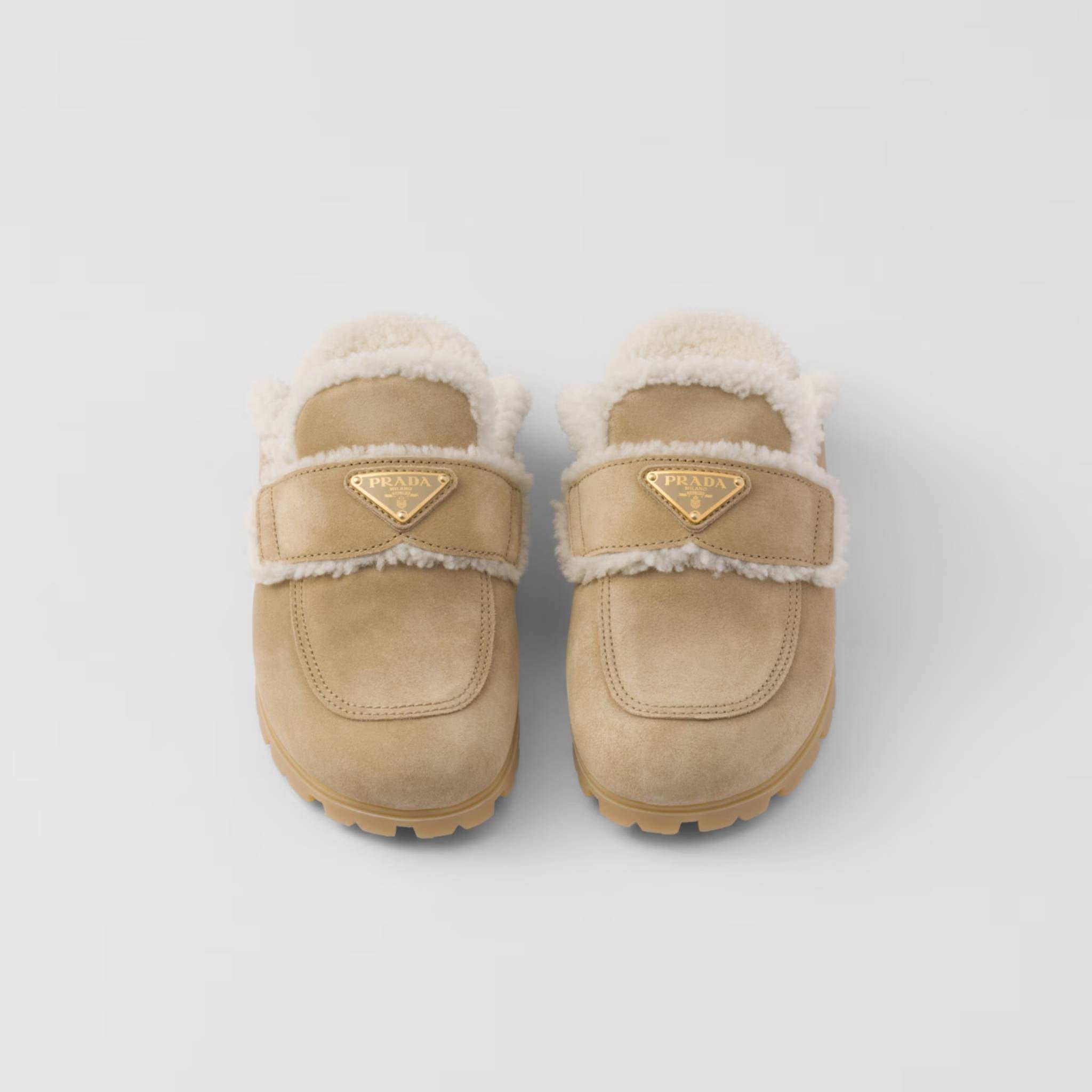 Prada Suede And Shearling Slippers With Lug Tread, Ecru, Top