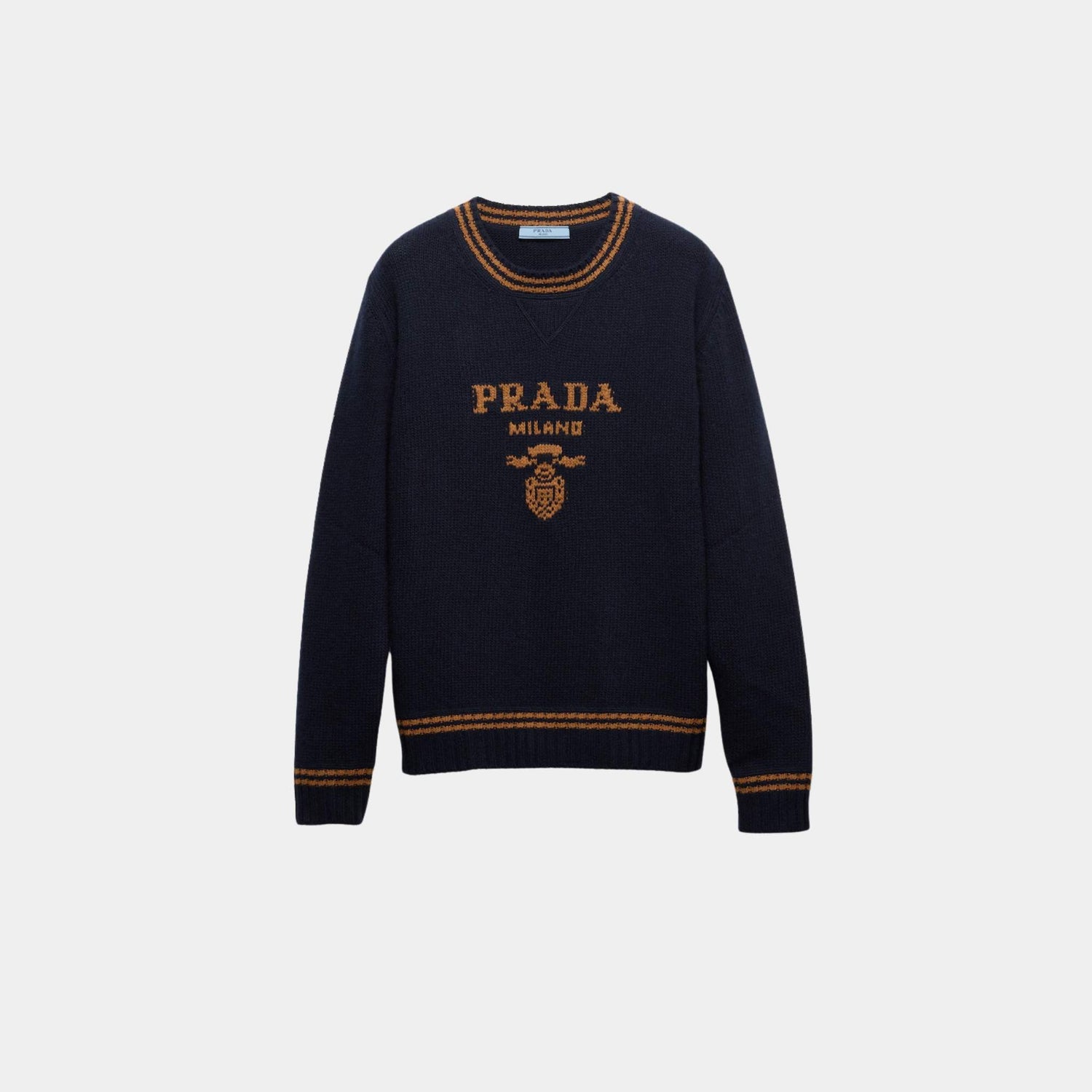 Prada Wool Cashmere Instarsia Knit Crew-neck Sweater, Blue Tobacco, Front