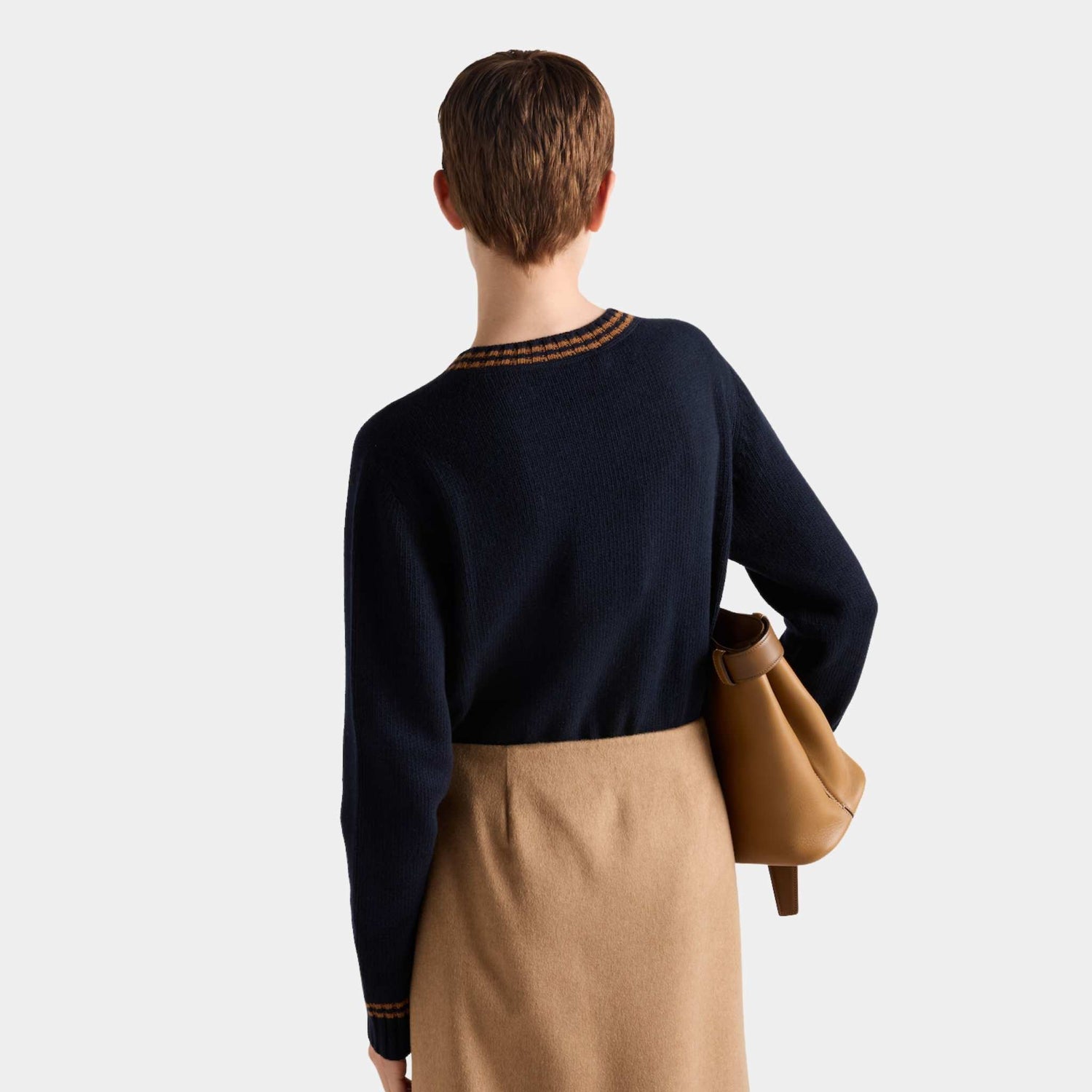 Prada Wool Cashmere Instarsia Knit Crew-neck Sweater, Blue Tobacco, Model, Back