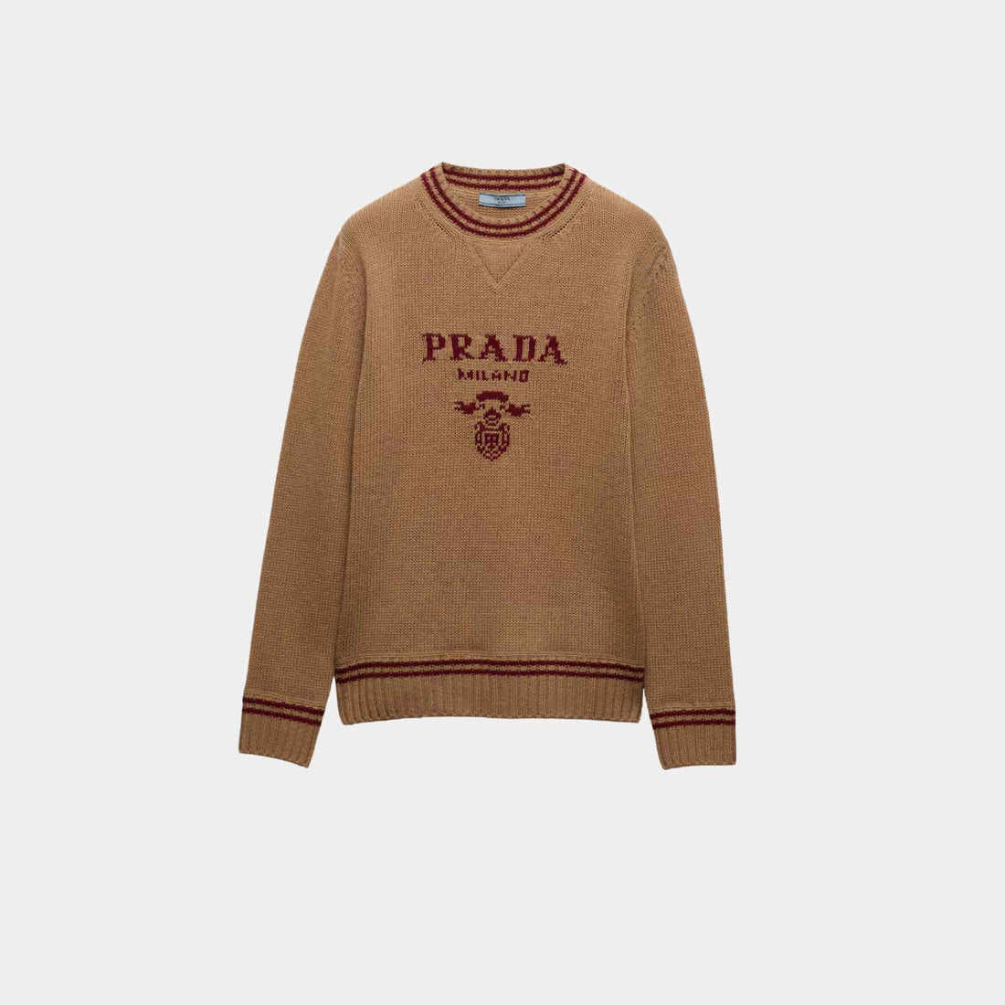 Prada Wool Cashmere Instarsia Knit Crew-neck Sweater, Camel Amaranth, Front