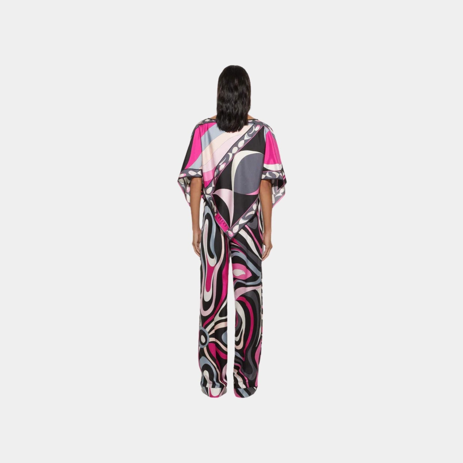 Pucci Marmo And Pesci Prints Kaftan Silk Blouse, Black, Fuchsia, Back