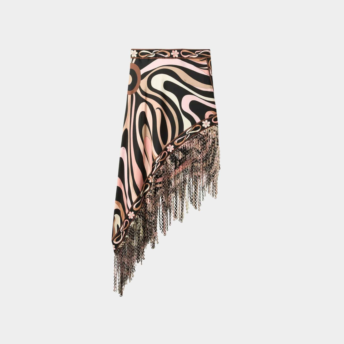 Pucci Marmo Print Asymmetrical Fringed Silk Skirt, Black, Nude, Front