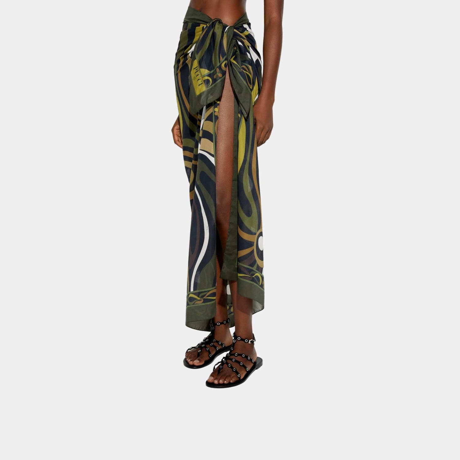 Pucci Marmo Print Cotton Sarong, Khaki, Model, Front