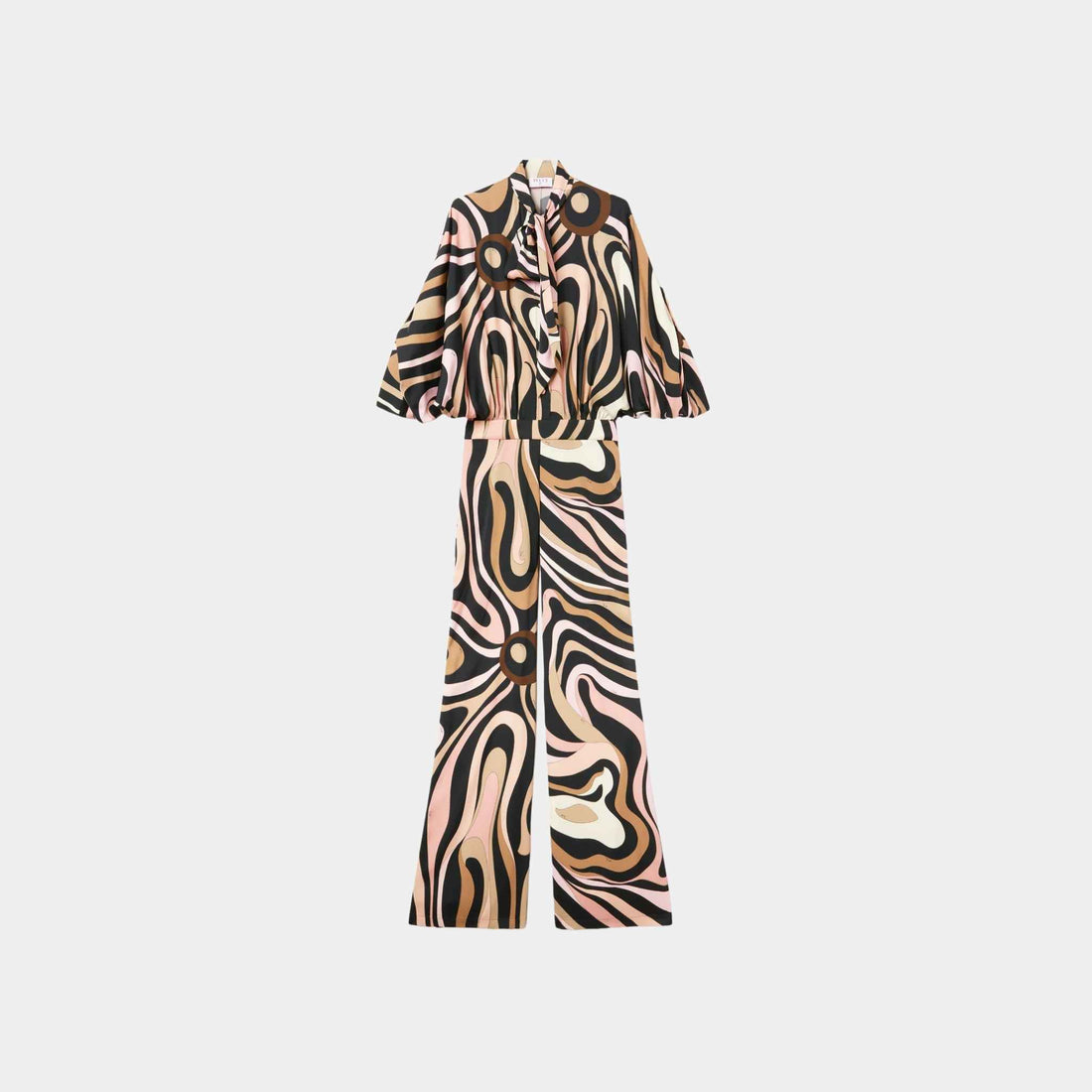 Pucci Marmo Print Jumpsuit With Satin Weave And Matte Trim, Black, Nude, Front
