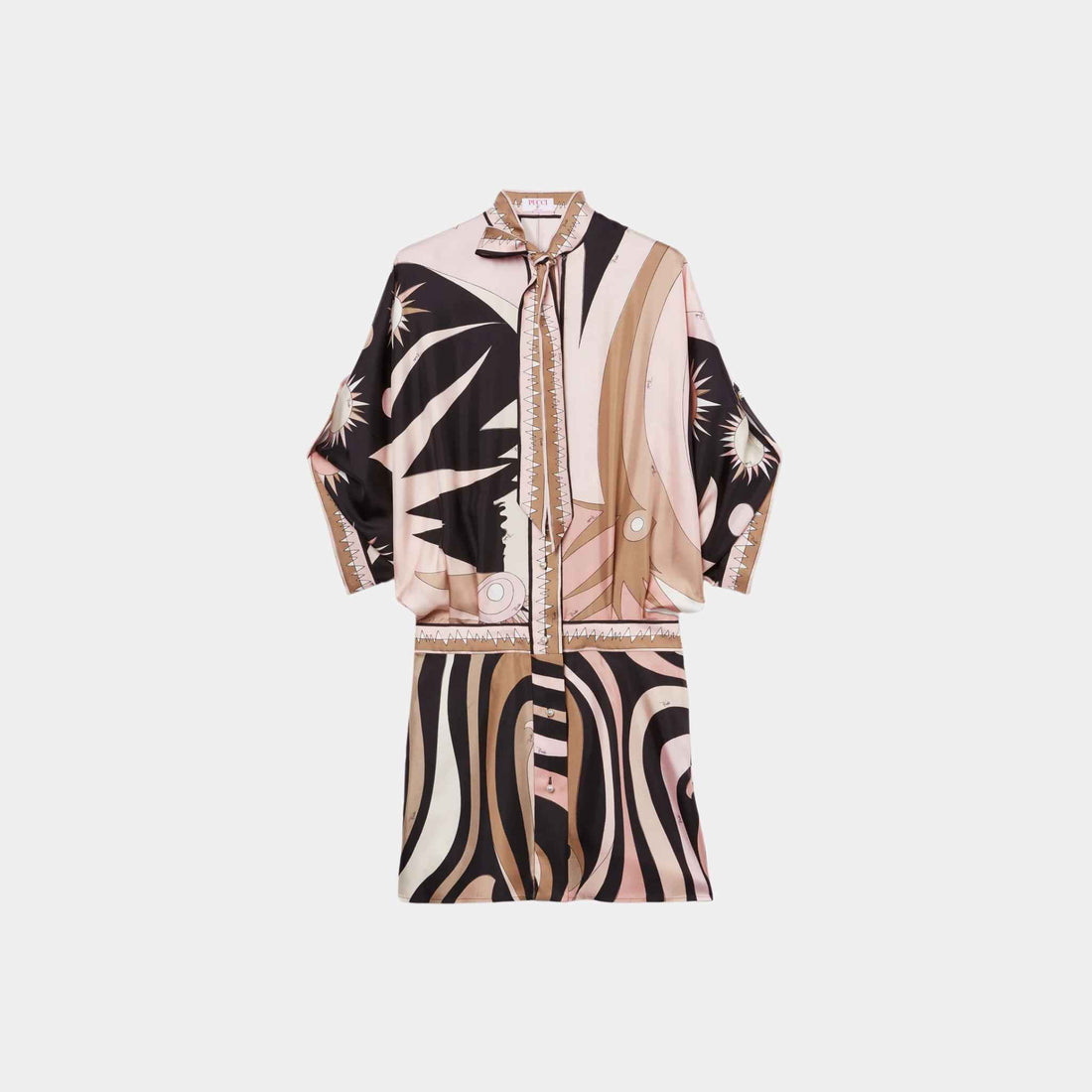 Pucci Mini Dress With Asymmetric Sleeves In Silk, Black, Nude, Front