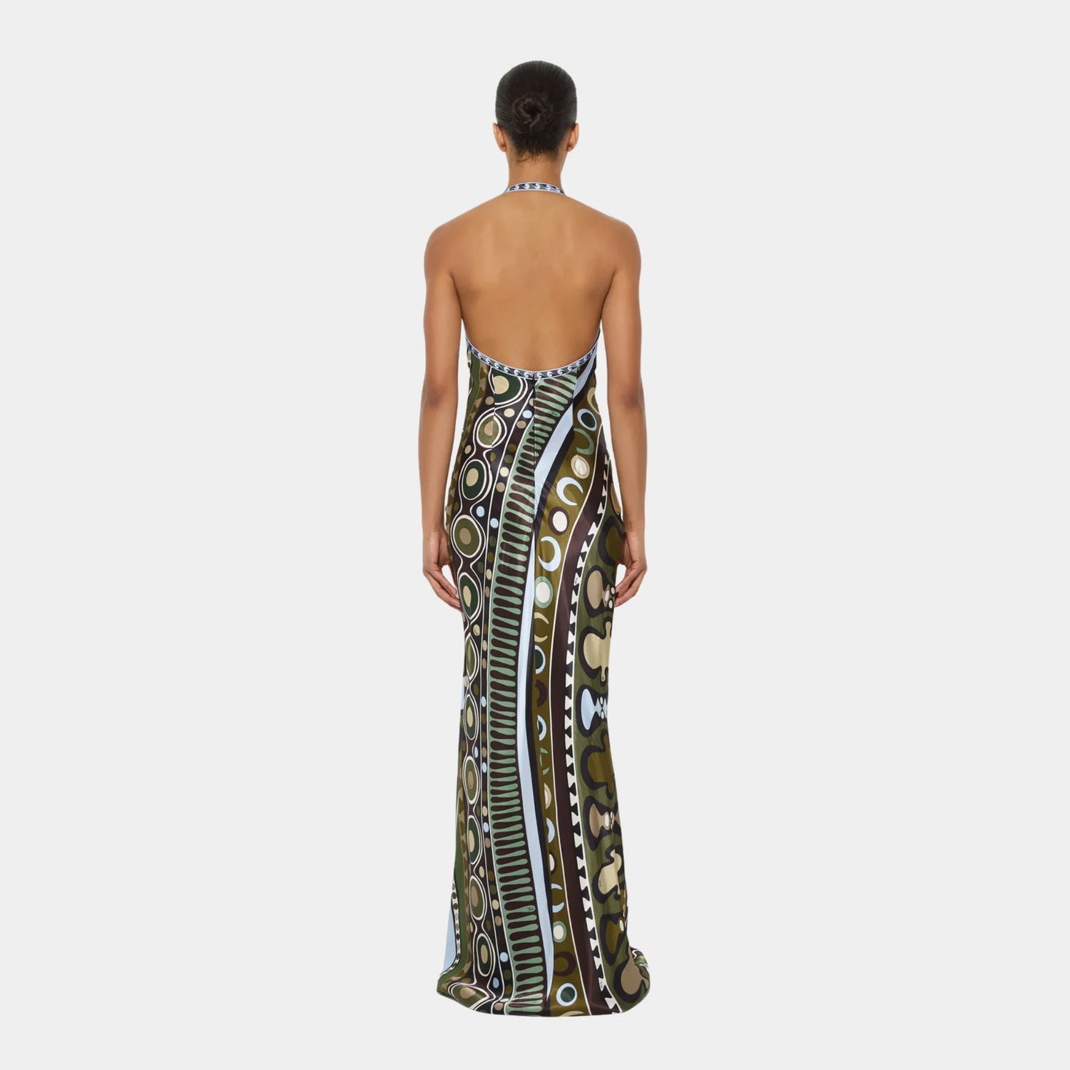 Pucci Soleil Print Satin Dress, Khaki Blue, Model, Back